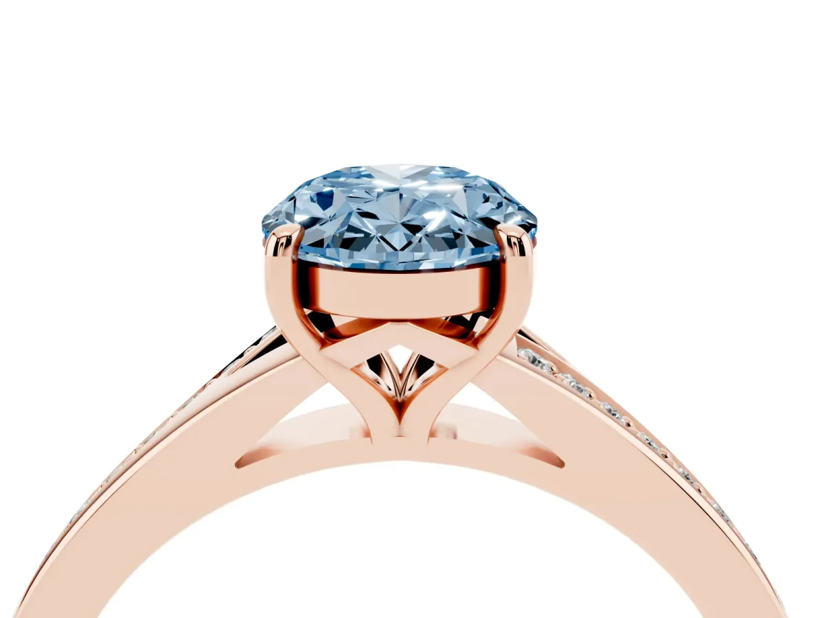Fancy Blue Oval Cut Diamond Solitaire Ring with Pavé Band and Prong Setting Rose gold