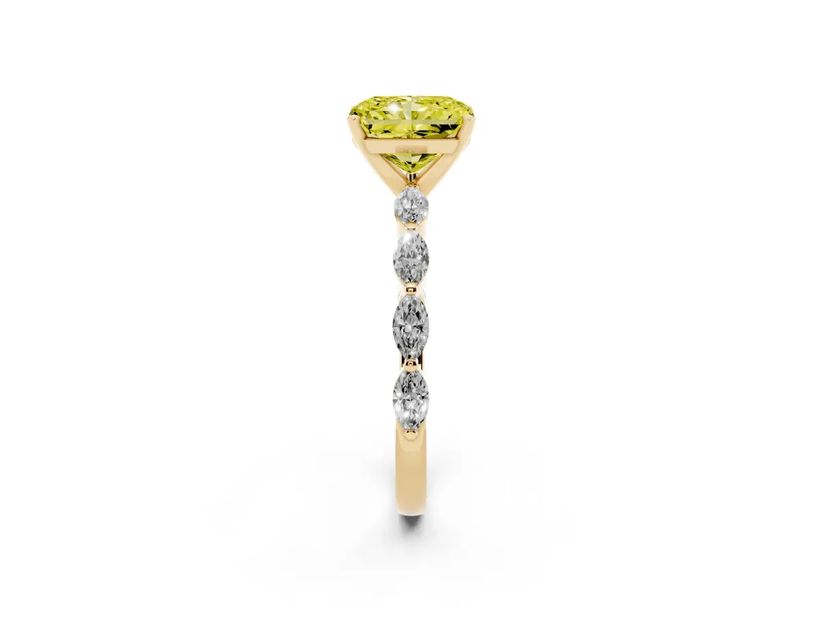Fancy Yellow Radiant Cut Diamond Ring with Marquise Side Stones and Prong Setting Yellow gold