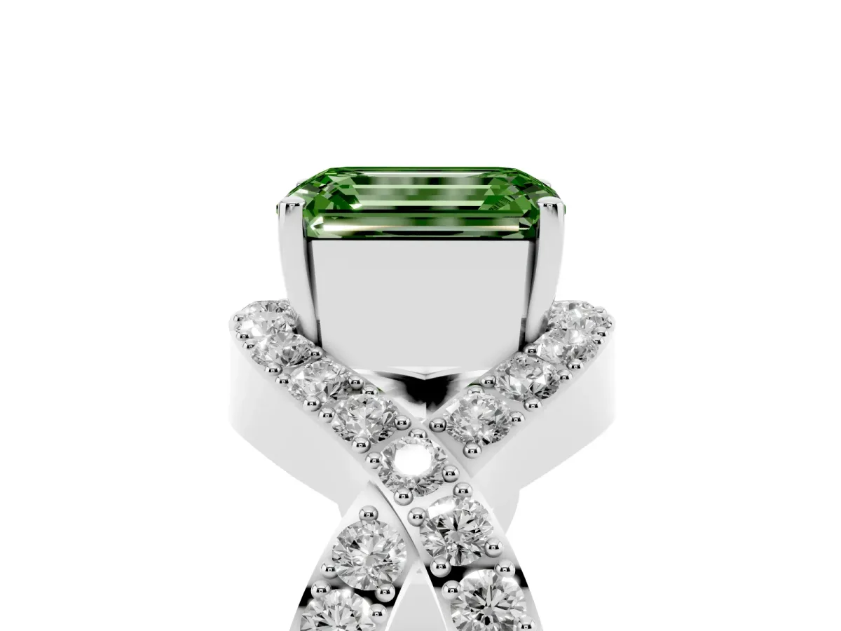 Fancy Green Emerald Cut Solitaire Twist Band Pavé Diamond Engagement Ring Silver