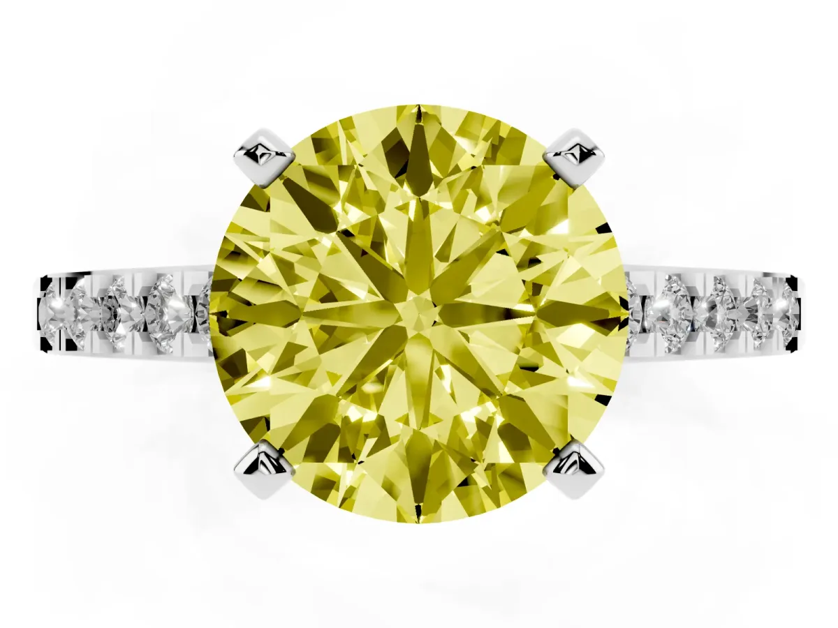 Fancy Yellow Round Cut Diamond Solitaire Ring with Crossover Gallery and Round Pavé Band Silver