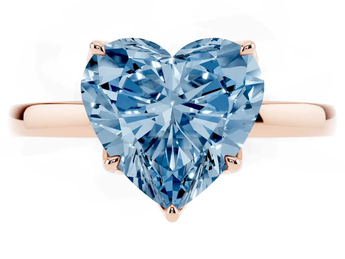 Fancy Blue Heart Cut Diamond Solitaire Ring with Thin Band and Prong Setting Rose gold