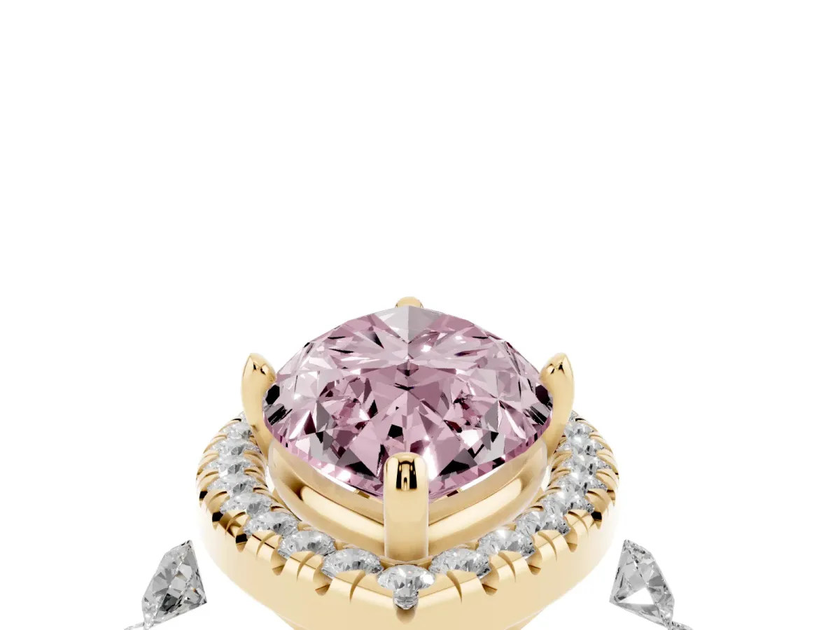 Fancy Pink Marquise Cut Halo Pavé Diamond Engagement Ring with Four-Prong Setting Yellow gold
