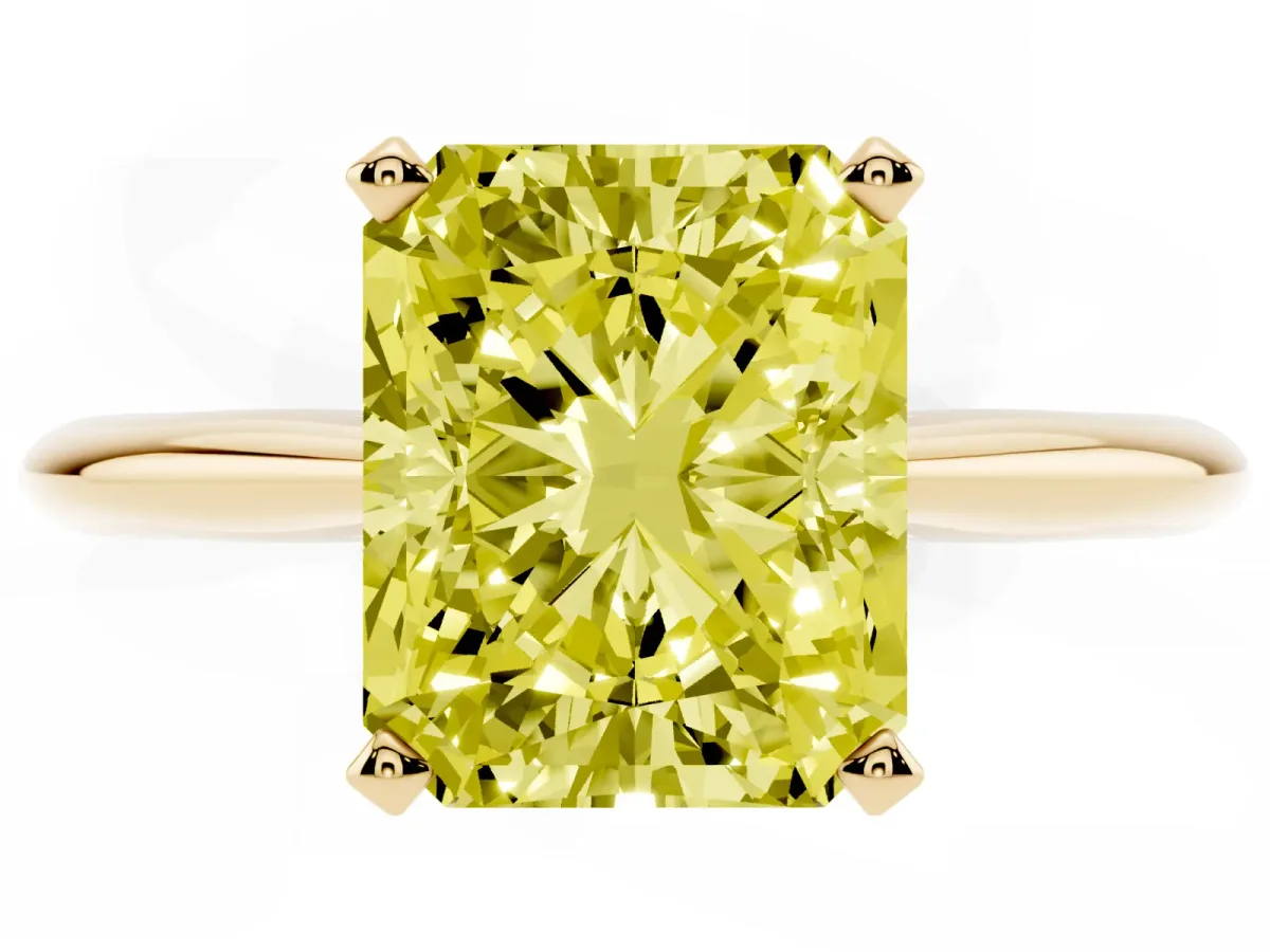 Fancy Yellow Radiant Cut Cut Solitaire Ring with Four-Prong Setting on a Classic Band Yellow gold