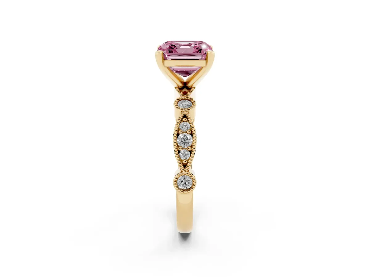 Fancy Pink Asscher Cut Milgrain Bezel Diamond Engagement Ring with Solitaire Prong Setting Yellow gold