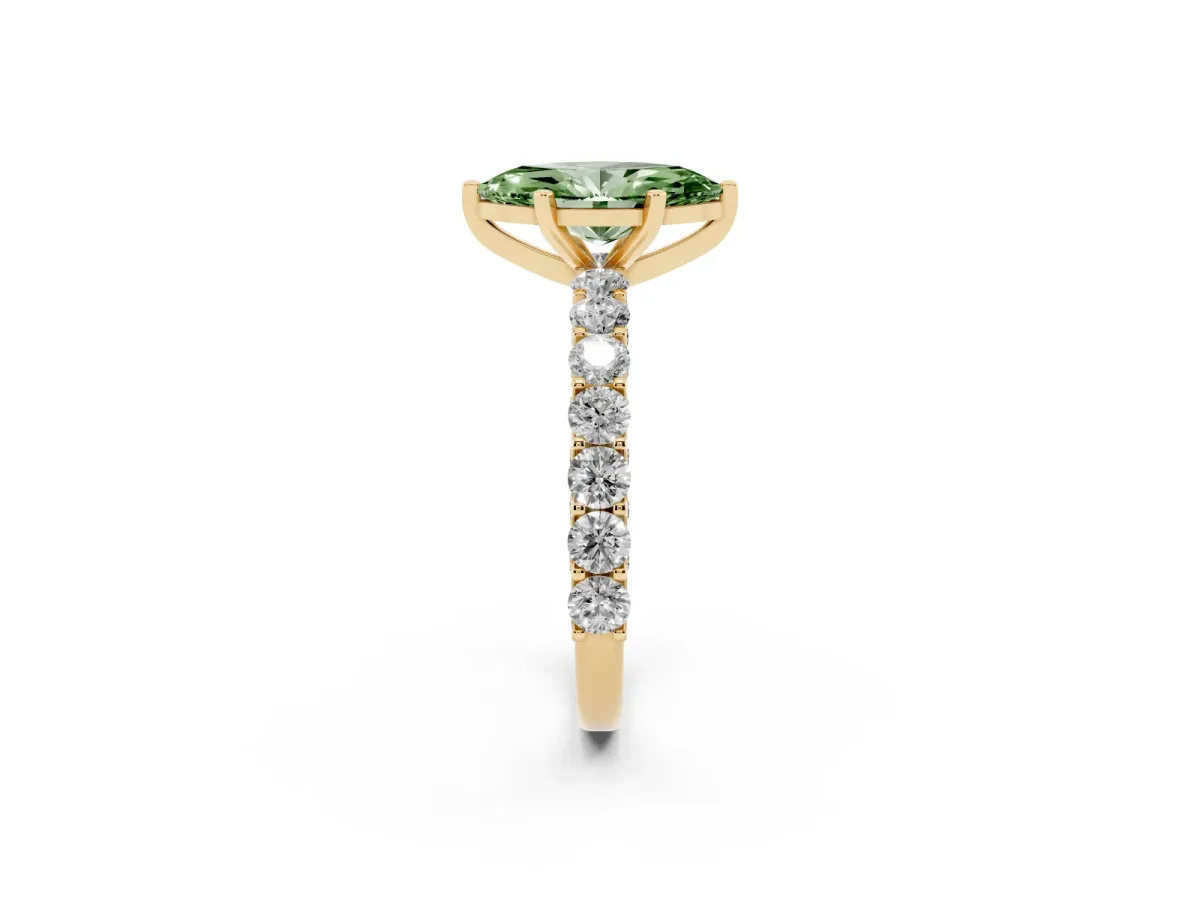 Fancy Green Marquise Cut Diamond Solitaire Ring with Shared Prong Pavé Band and Four-Prong Setting Yellow gold