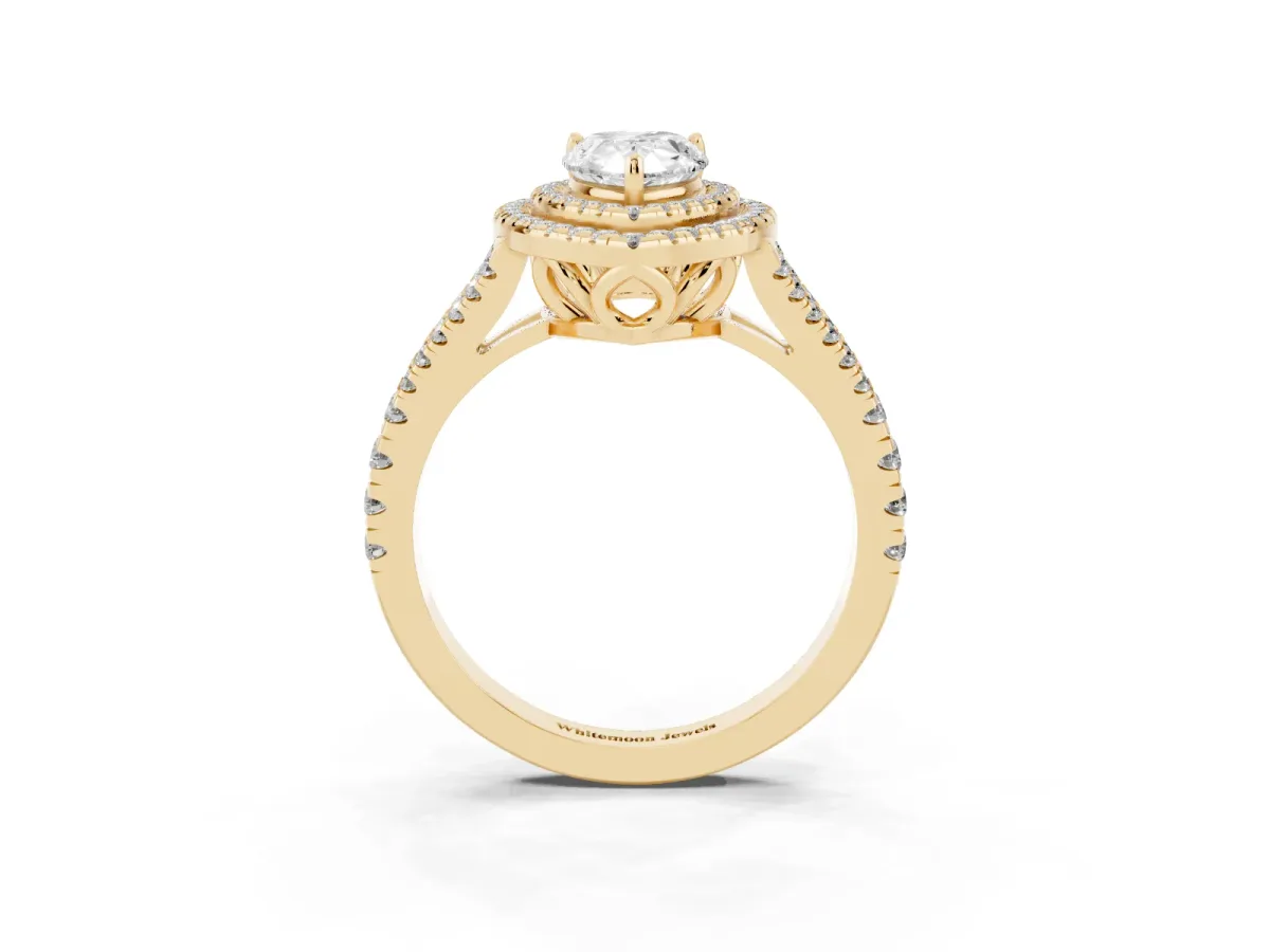 Pear Cut Diamond Double Halo Ring with Pavé Band and Prong Setting Yellow gold