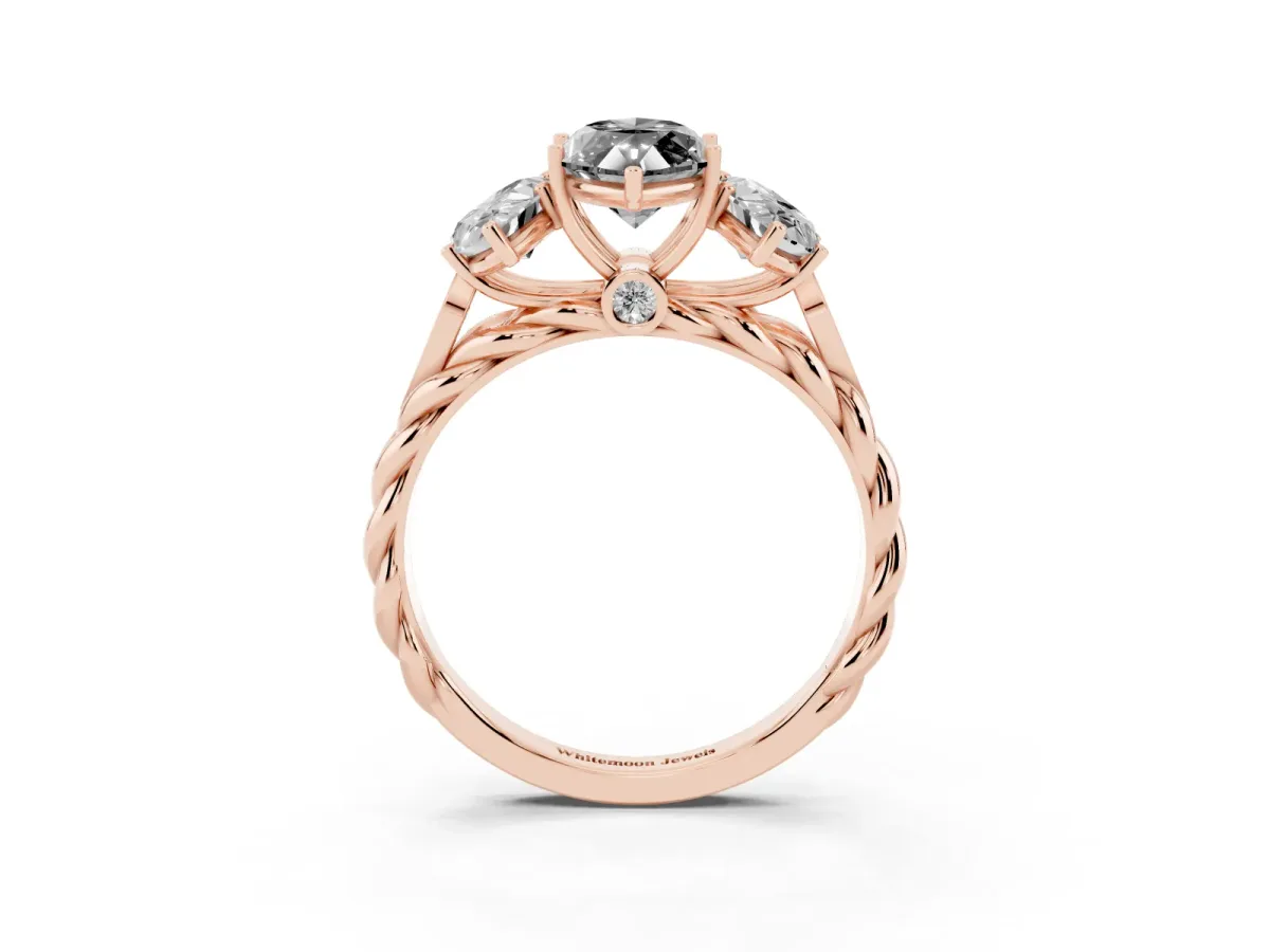 Fancy Black Three-Stone Marquise Cut Diamond Braided Band Ring with Four-Prong Setting Rose gold
