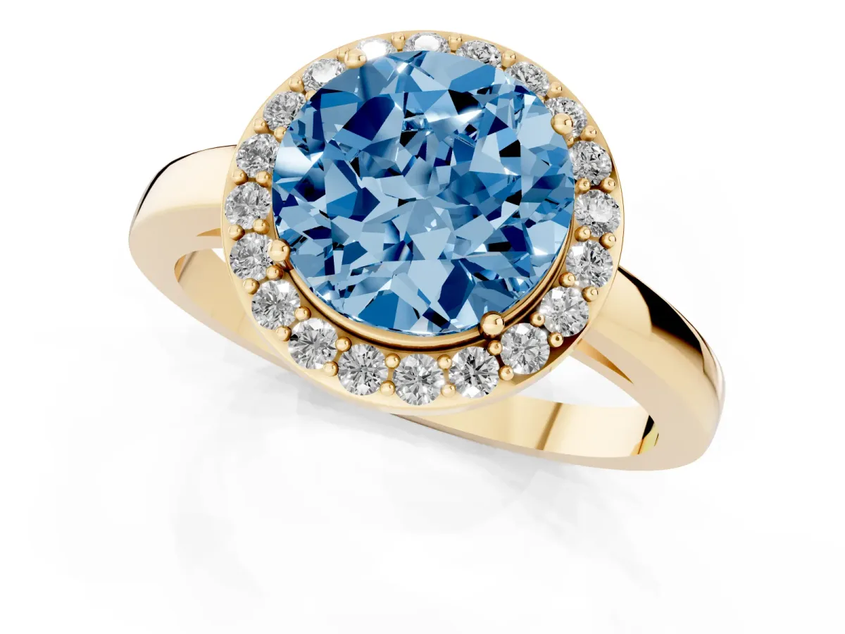 Fancy Blue Round Cut Halo Diamond Ring with Solitaire Band and Prong Setting Yellow gold