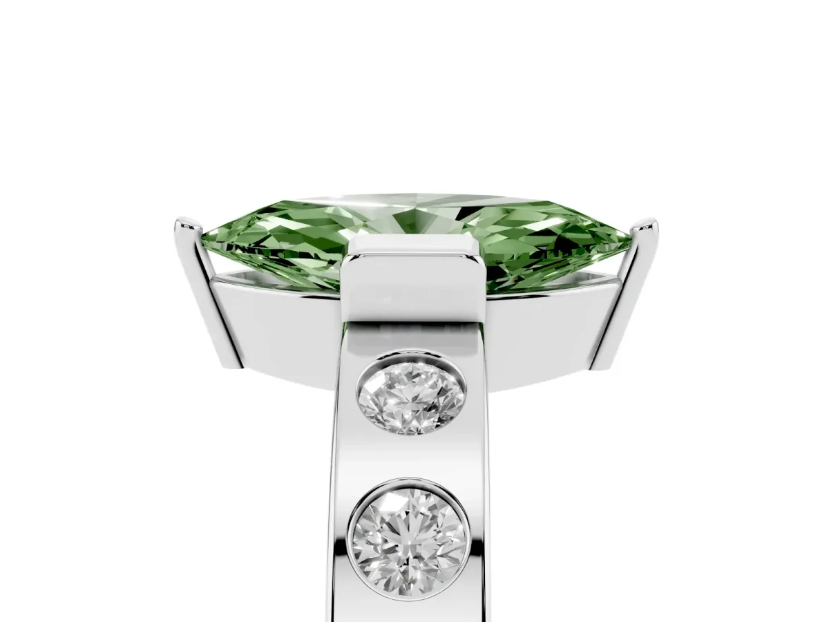 Fancy Green Marquise Cut Brilliant Channel-Set Diamond Ring with Bezel Prong Setting Silver