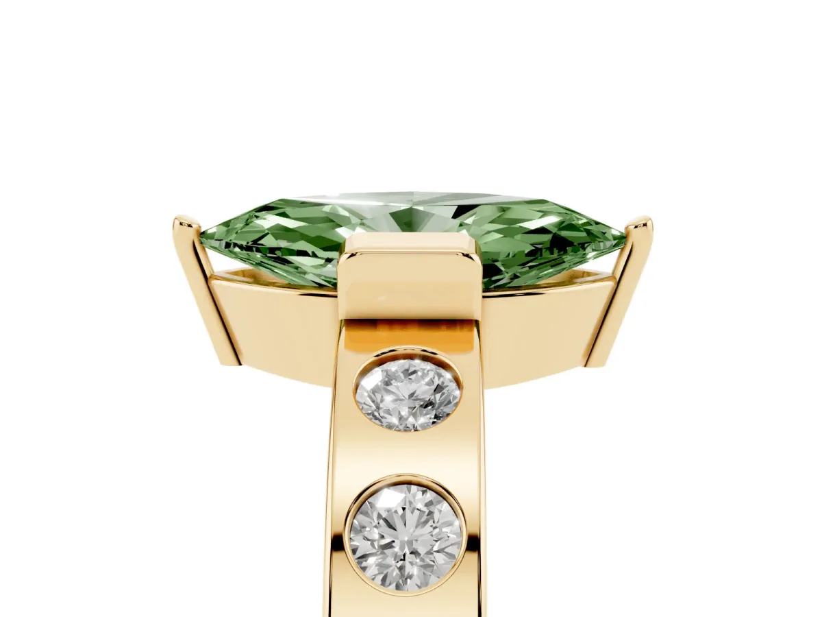 Fancy Green Marquise Cut Brilliant Channel-Set Diamond Ring with Bezel Prong Setting Yellow gold