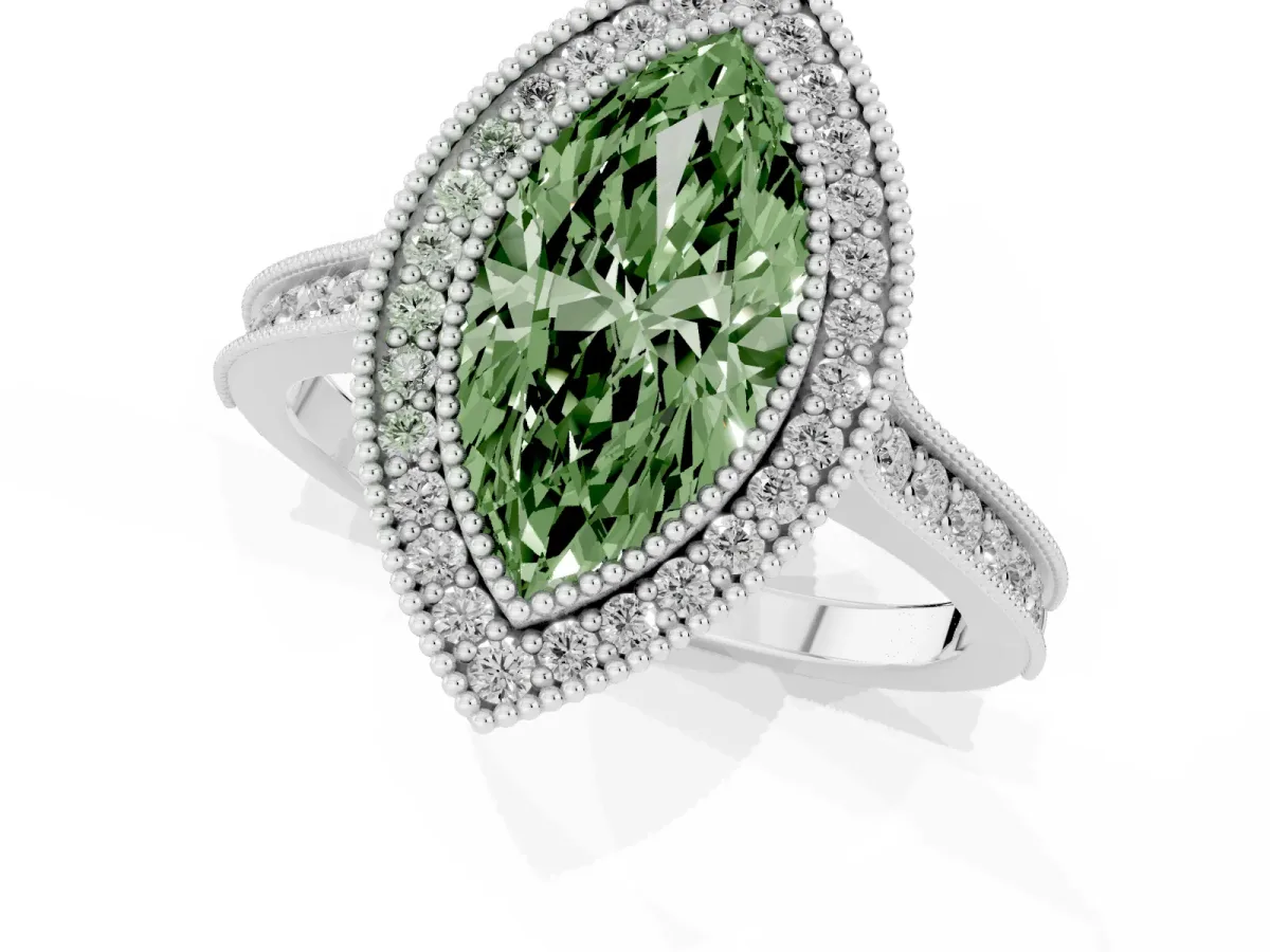 Fancy Green Halo Marquise Cut-Cut Diamond Pave Band Milgrain Prong Setting Ring White gold