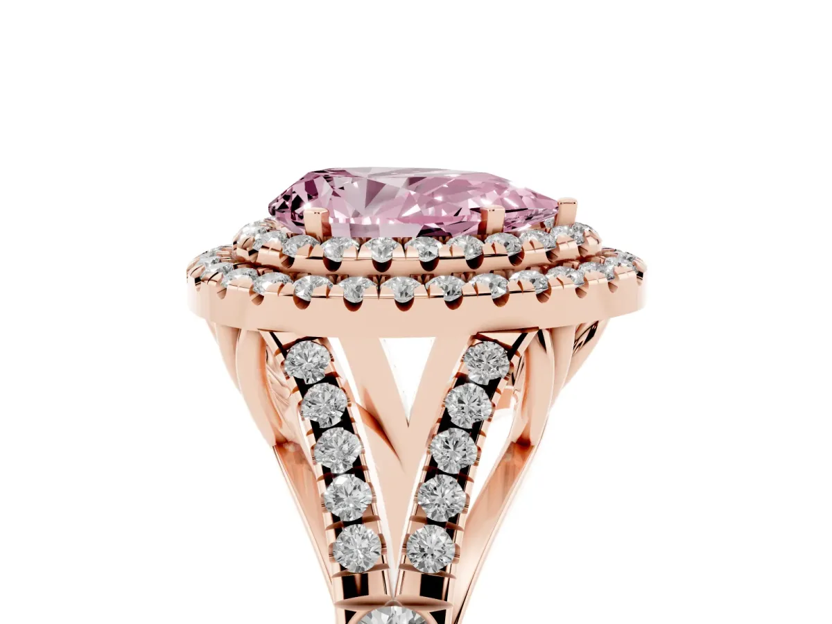 Fancy Pink Pear Cut Diamond Double Halo Ring with Split Shank and Prong Setting Rose gold