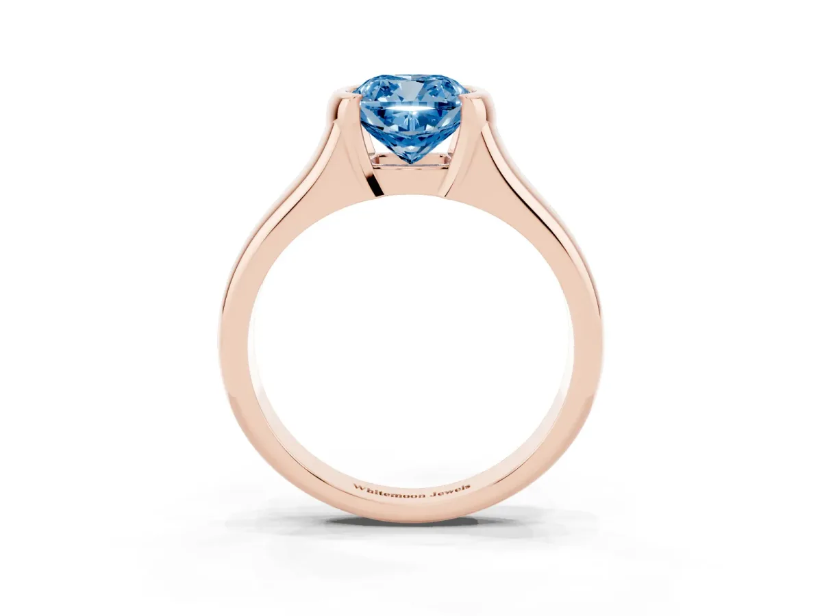 Fancy Blue Cushion Cut Solitaire Tension Set Diamond Ring with Split Shank Band Rose gold