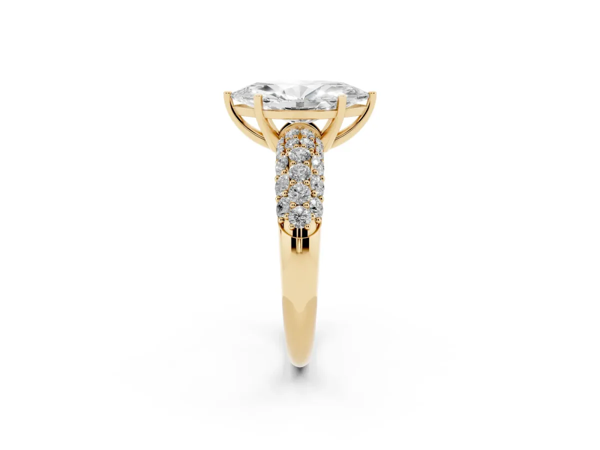 Marquise Cut Diamond Pavé Band Solitaire Ring with Four-Prong Setting Yellow gold