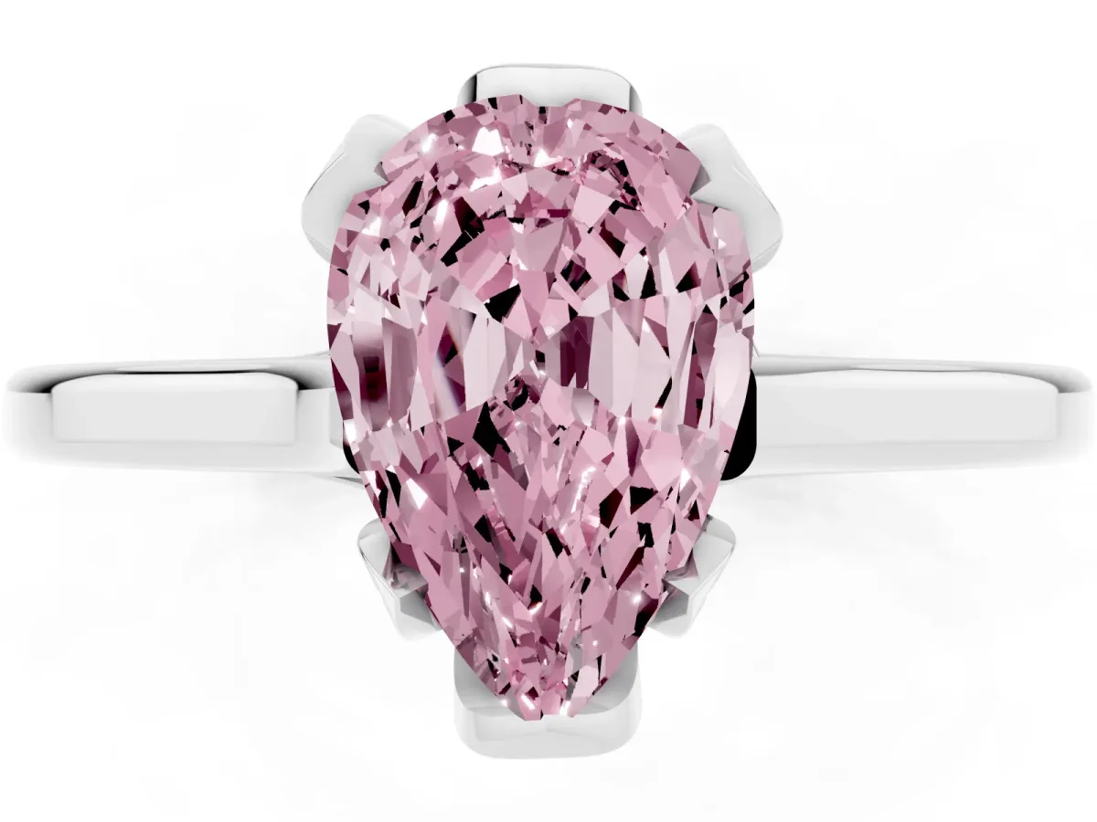 Fancy Pink Pear Cut Diamond Solitaire Ring with Flower Prong Setting and Classic Band Silver