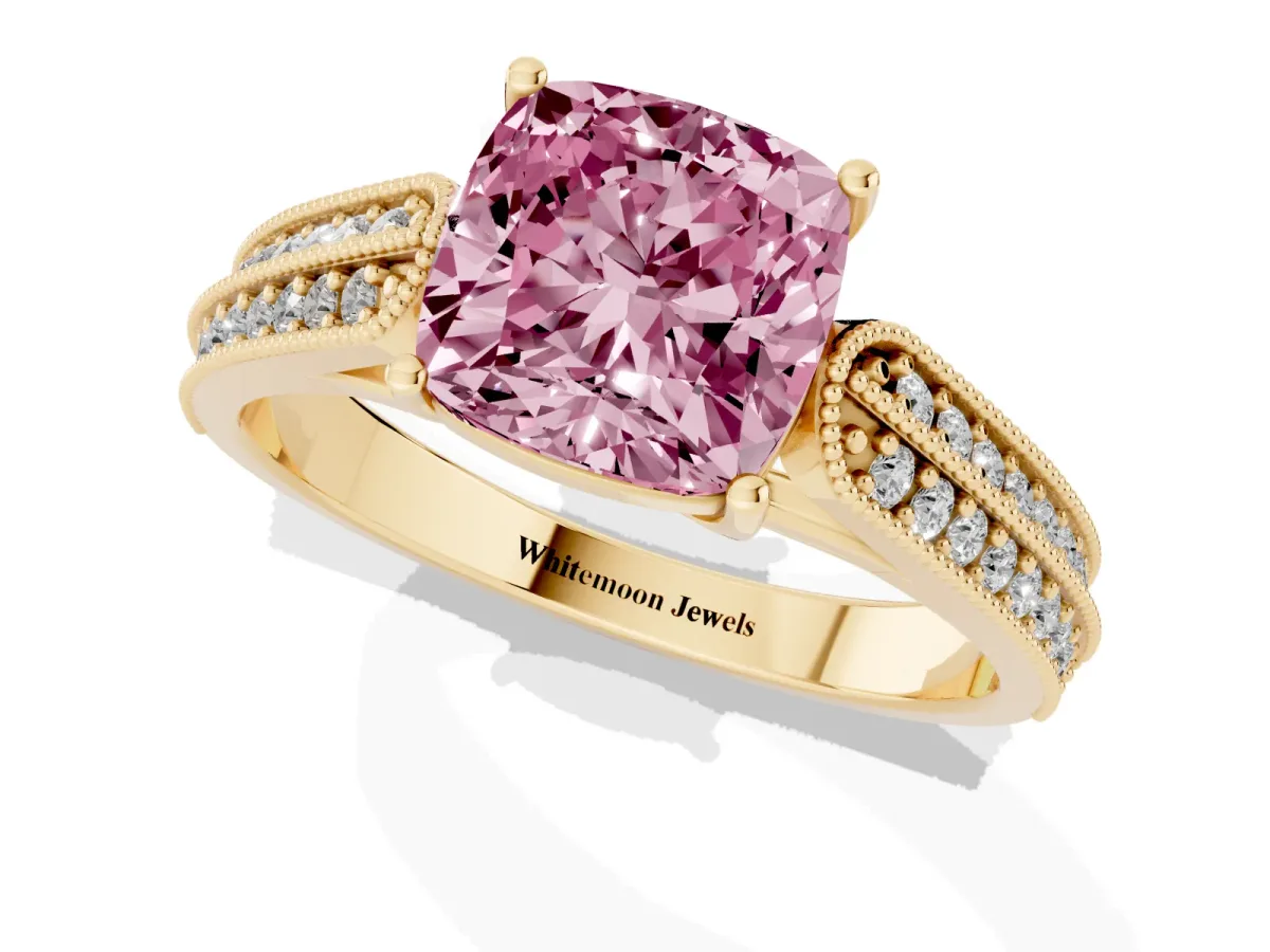 Fancy Pink Cushion Cut Cut Pave Split Shank Engagement Ring with Four-Prong Setting Yellow gold