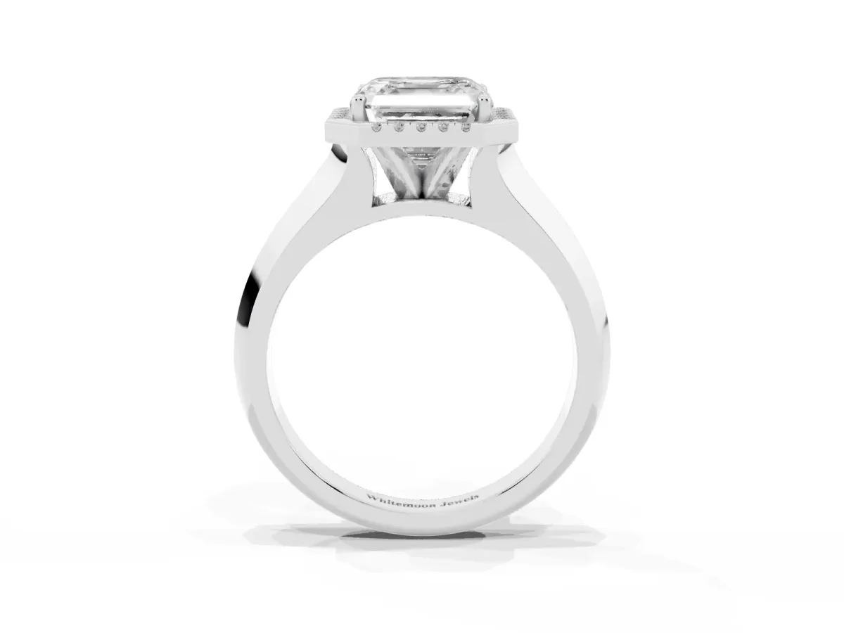 Asscher Cut Halo Diamond Ring with Cathedral Band and Four-Prong Setting Silver