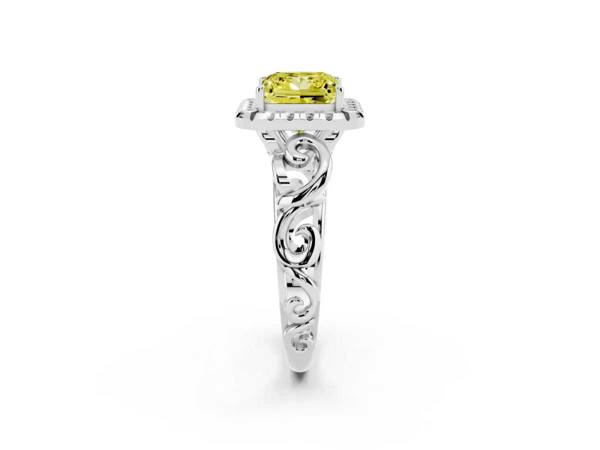 Fancy Yellow Princess Cut Cut Halo Diamond Ring with Scrollwork Band and Four-Prong Setting Platinum