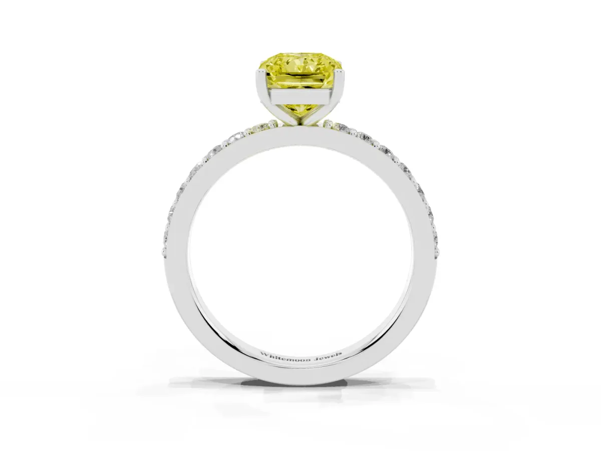 Fancy Yellow Radiant Cut Cut Diamond Solitaire with Pave Band and Four-Prong Setting Platinum