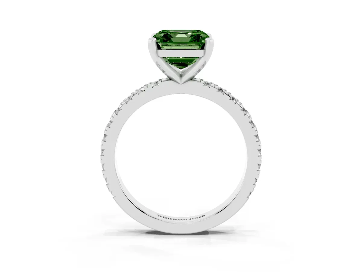 Fancy Green Asscher Cut Diamond Pavé Band Solitaire with Four-Prong Setting Silver