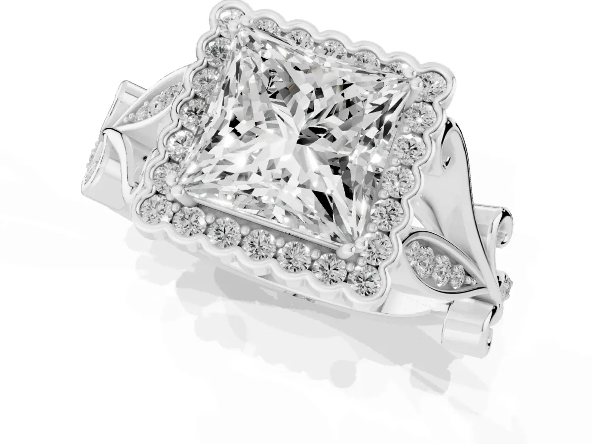 Princess Cut Diamond Halo Ring with Vintage Split Shank and Four-Prong Setting Silver