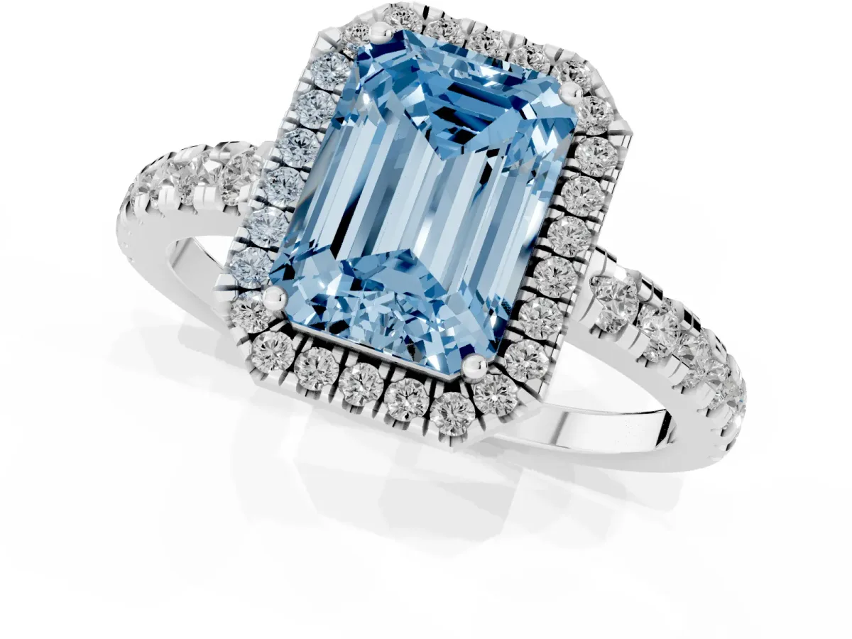 Fancy Blue Emerald Cut Diamond Halo Ring with Pavé Band and Four-Prong Setting White gold