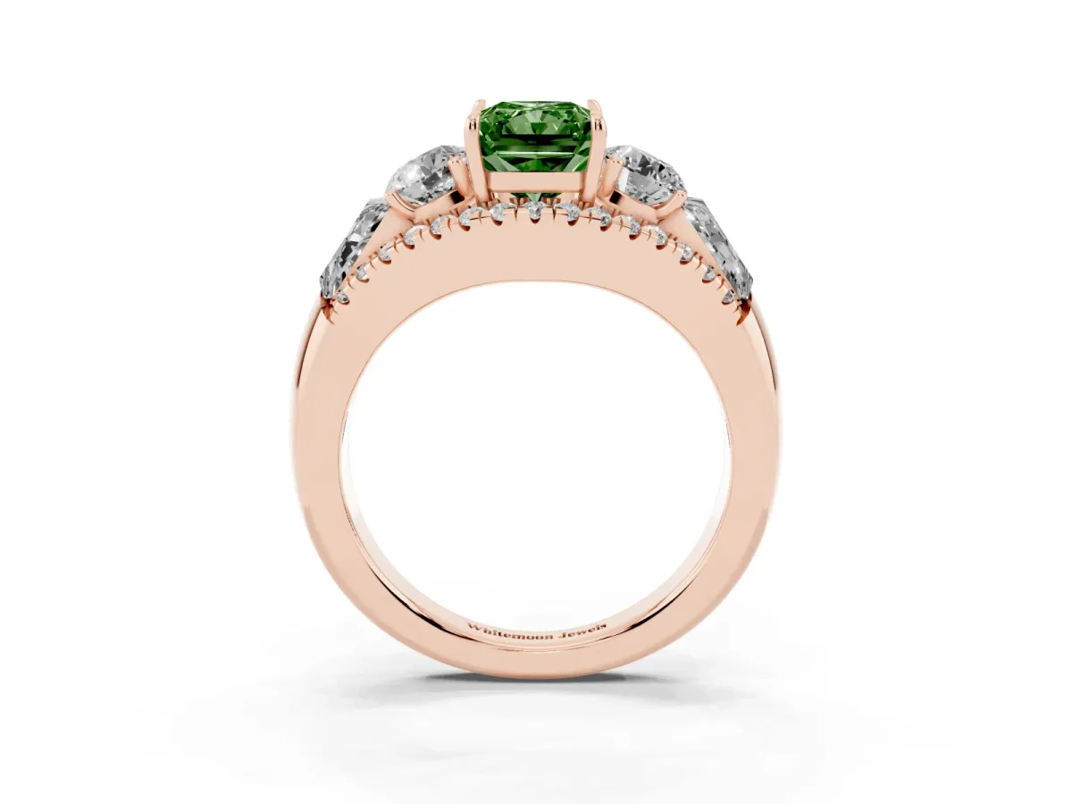 Fancy Green Three-Stone Radiant Cut Diamond Engagement Ring with Pave Band and Prong Setting Rose gold