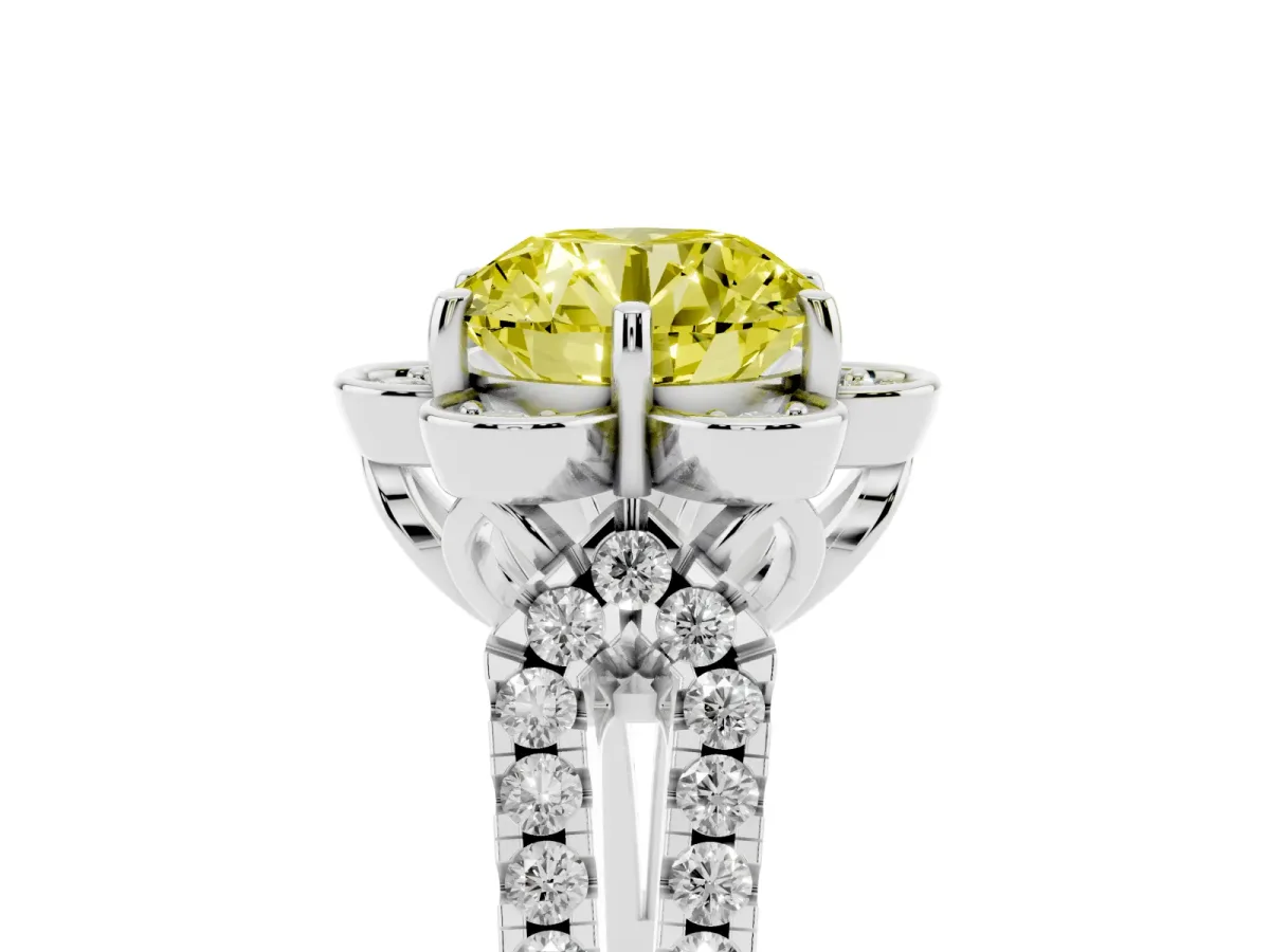 Fancy Yellow Round Cut Halo Diamond Floral Split Shank Engagement Ring Platinum