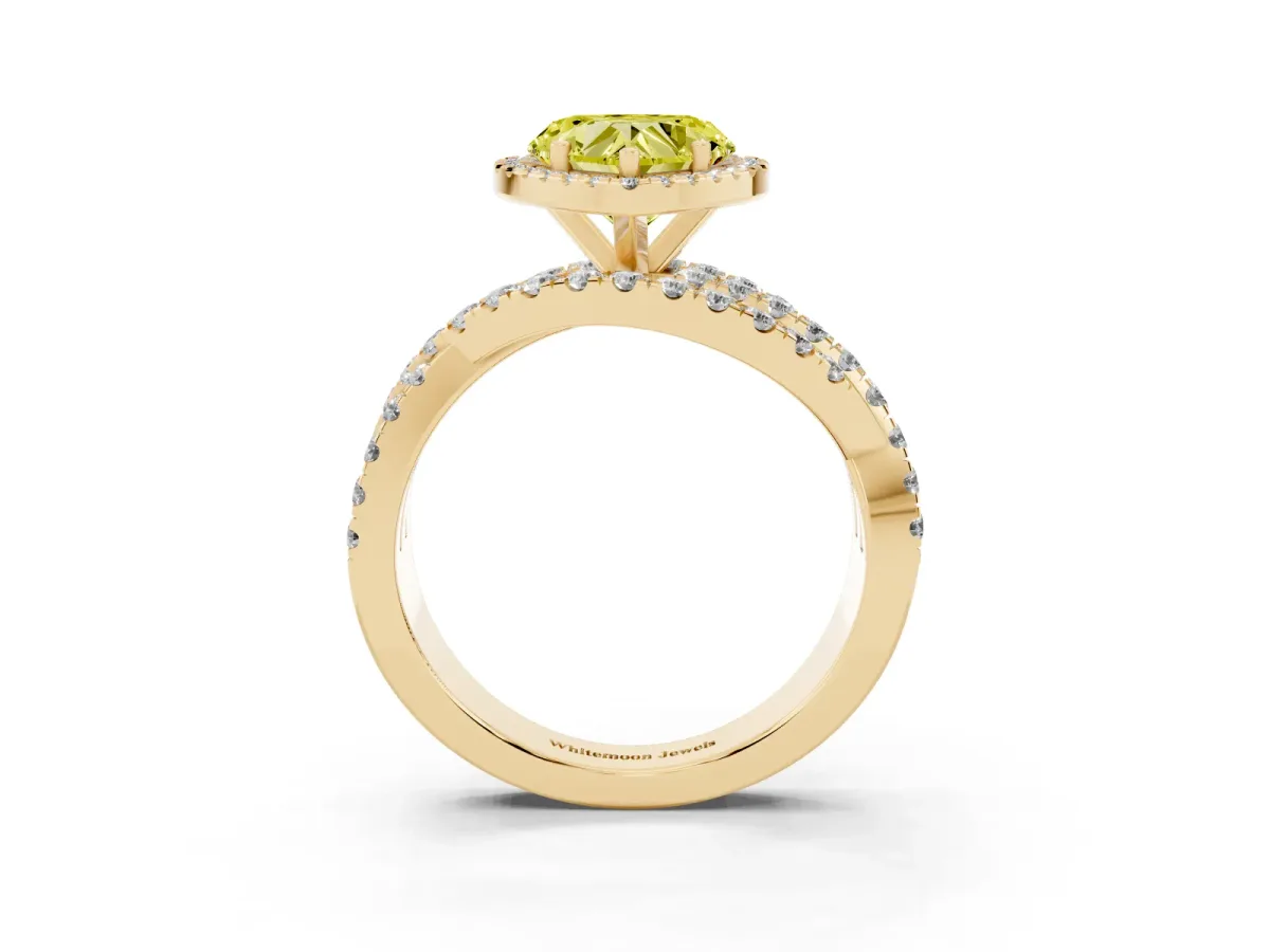 Fancy Yellow Heart Cut Diamond Halo Ring with Round Split Shank and Prong Setting Yellow gold