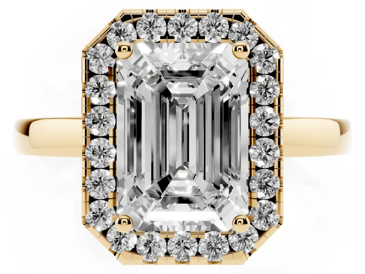 Emerald Cut Halo Diamond Solitaire with Pavé Band and Four-Prong Setting Yellow gold