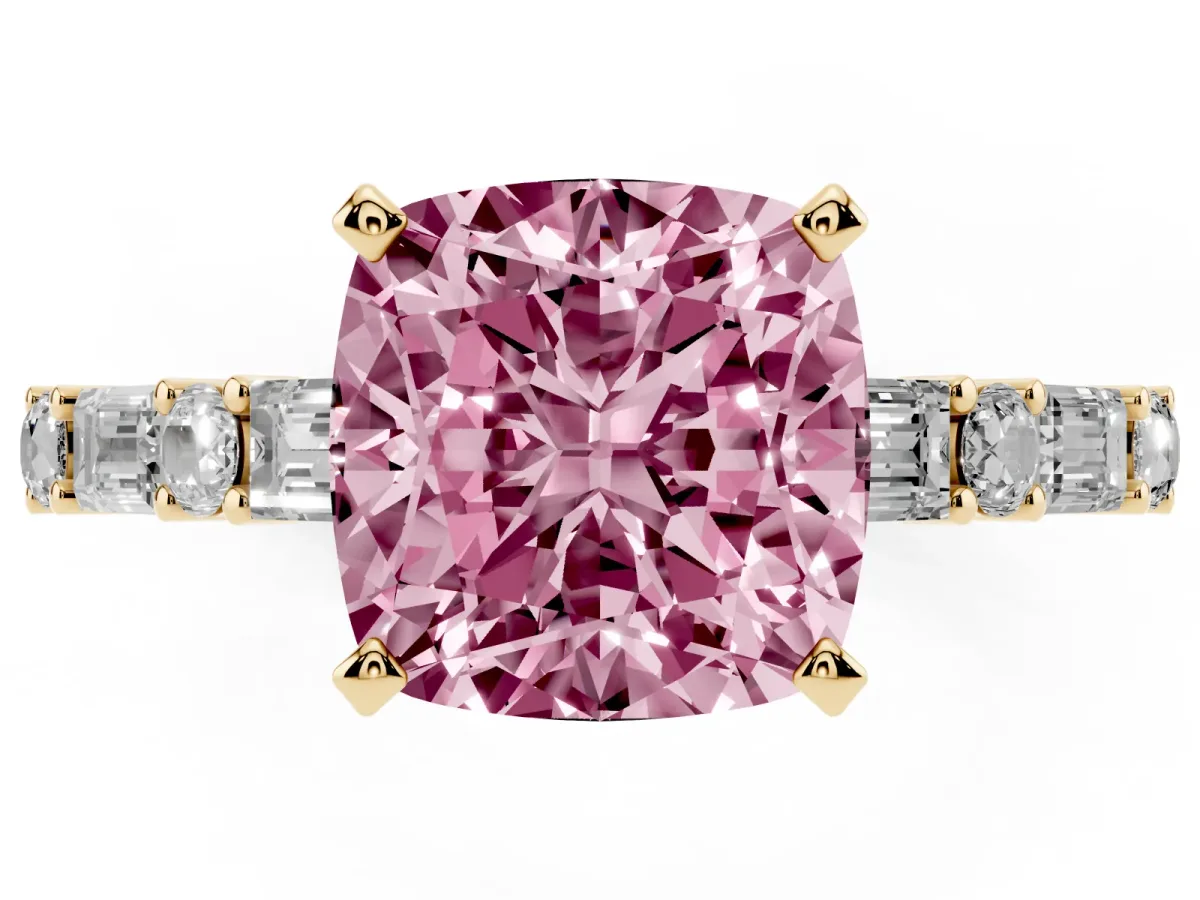 Fancy Pink Cushion Cut Diamond Solitaire with Side Baguettes and Channel Set Band Yellow gold
