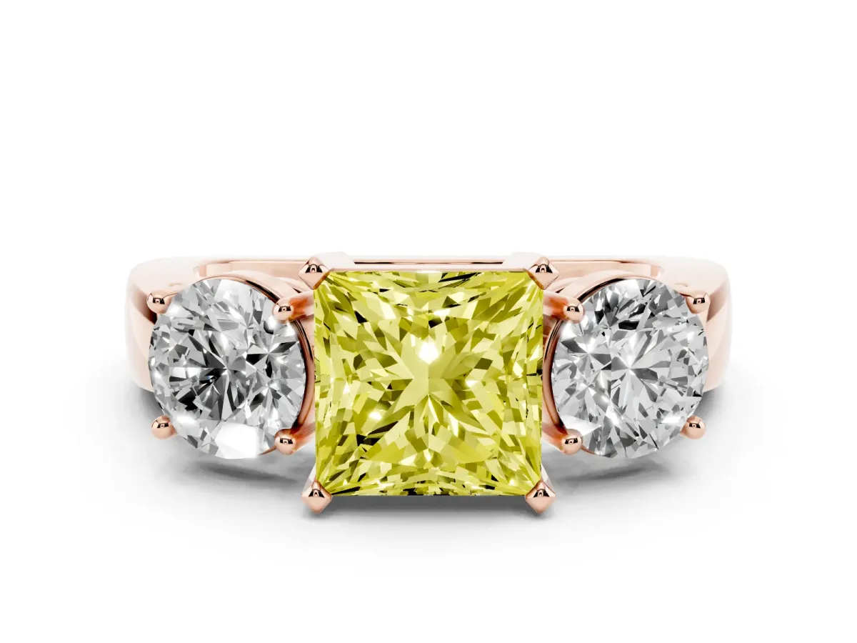 Fancy Yellow Three-Stone Princess Cut Diamond Ring with Round Side Stones, Classic Band, and Four-Prong Setting Rose gold