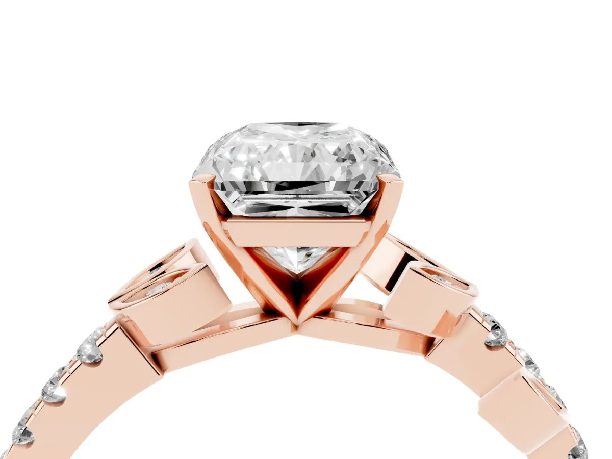 Radiant Cut Solitaire Leaf-Inspired Diamond Ring with Pavé Band and Four-Prong Setting Rose gold