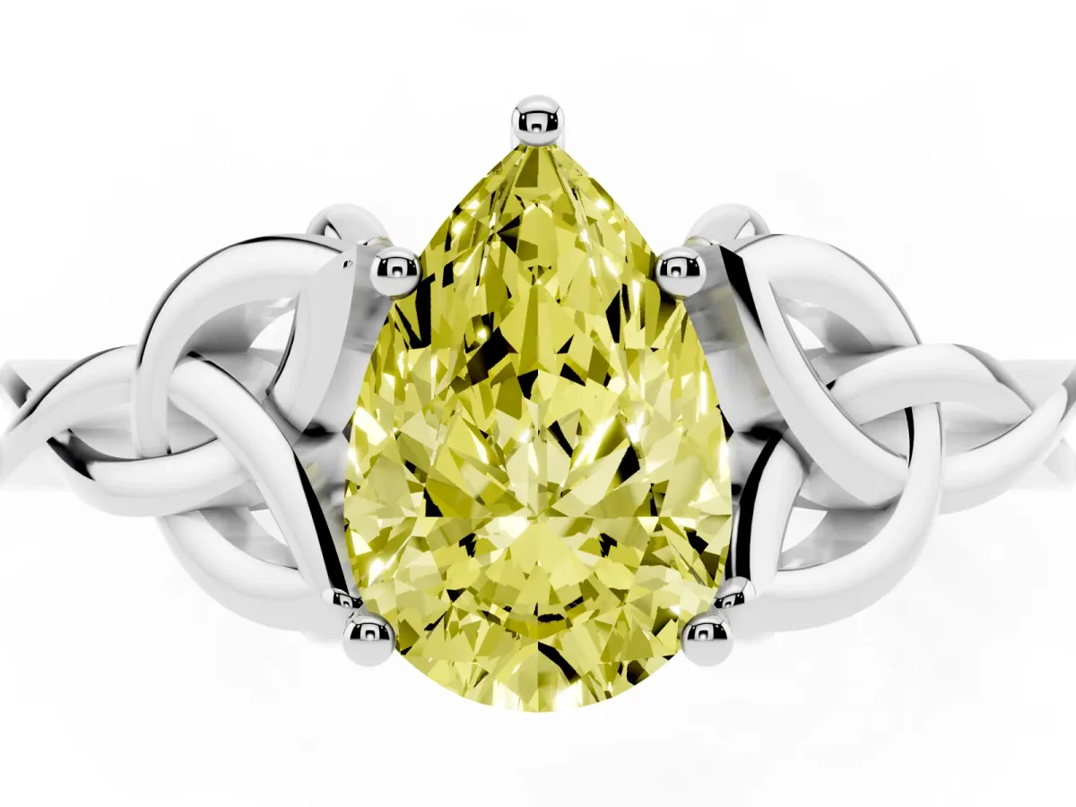 Fancy Yellow Pear Cut Diamond Solitaire Engagement Ring with Celtic Knot Band and Four-Prong Setting Silver