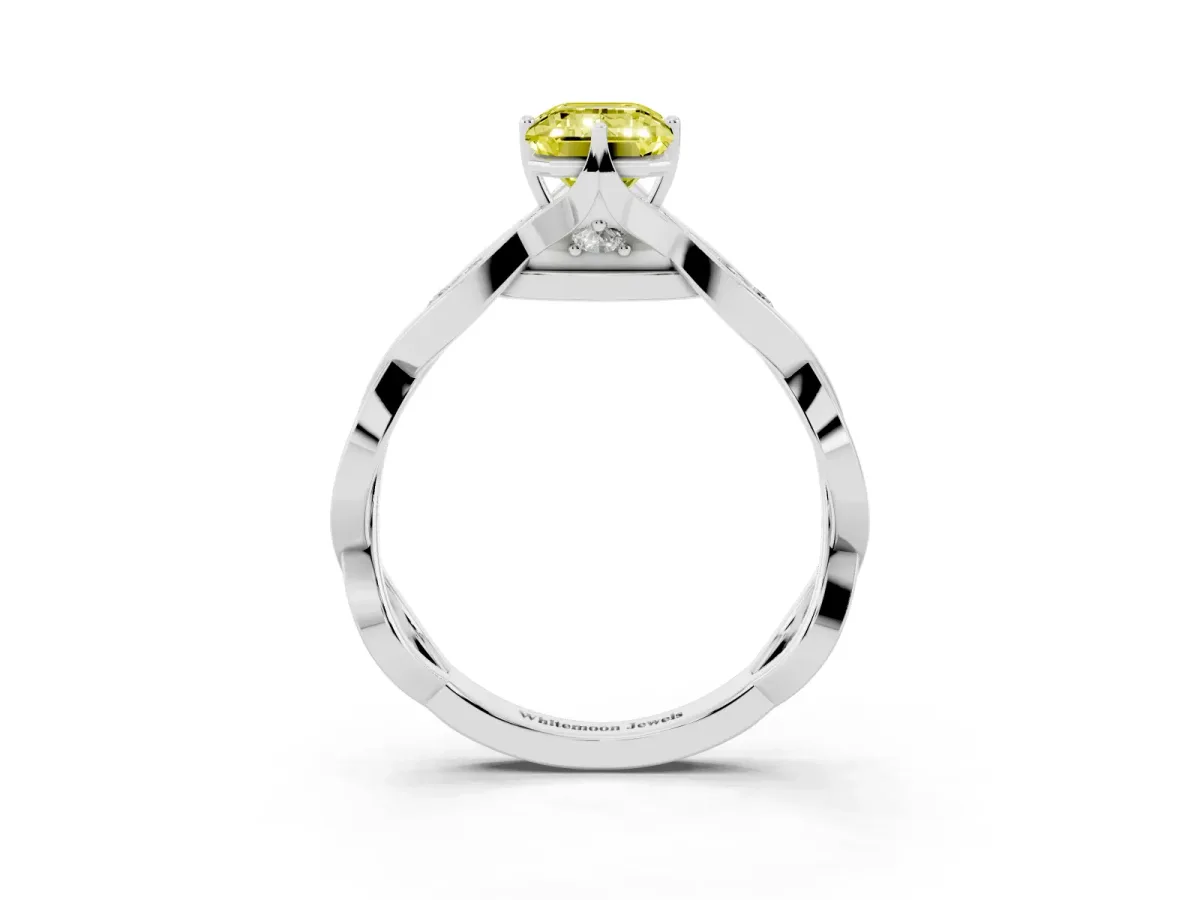Fancy Yellow Emerald Cut Solitaire Twist Band with Leaf Prong Setting Platinum