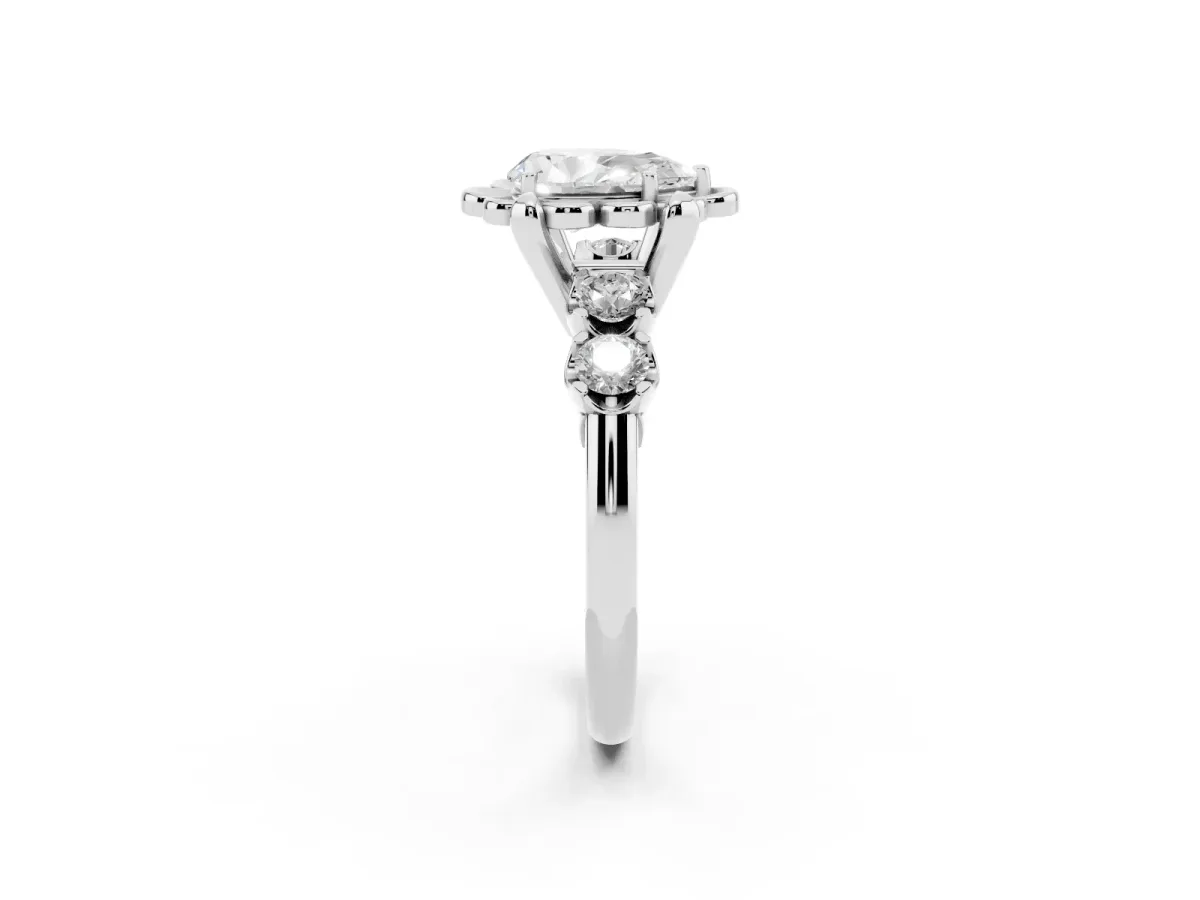 Pear Cut Cut Diamond Floral Halo Engagement Ring with Shared Prong Setting Silver
