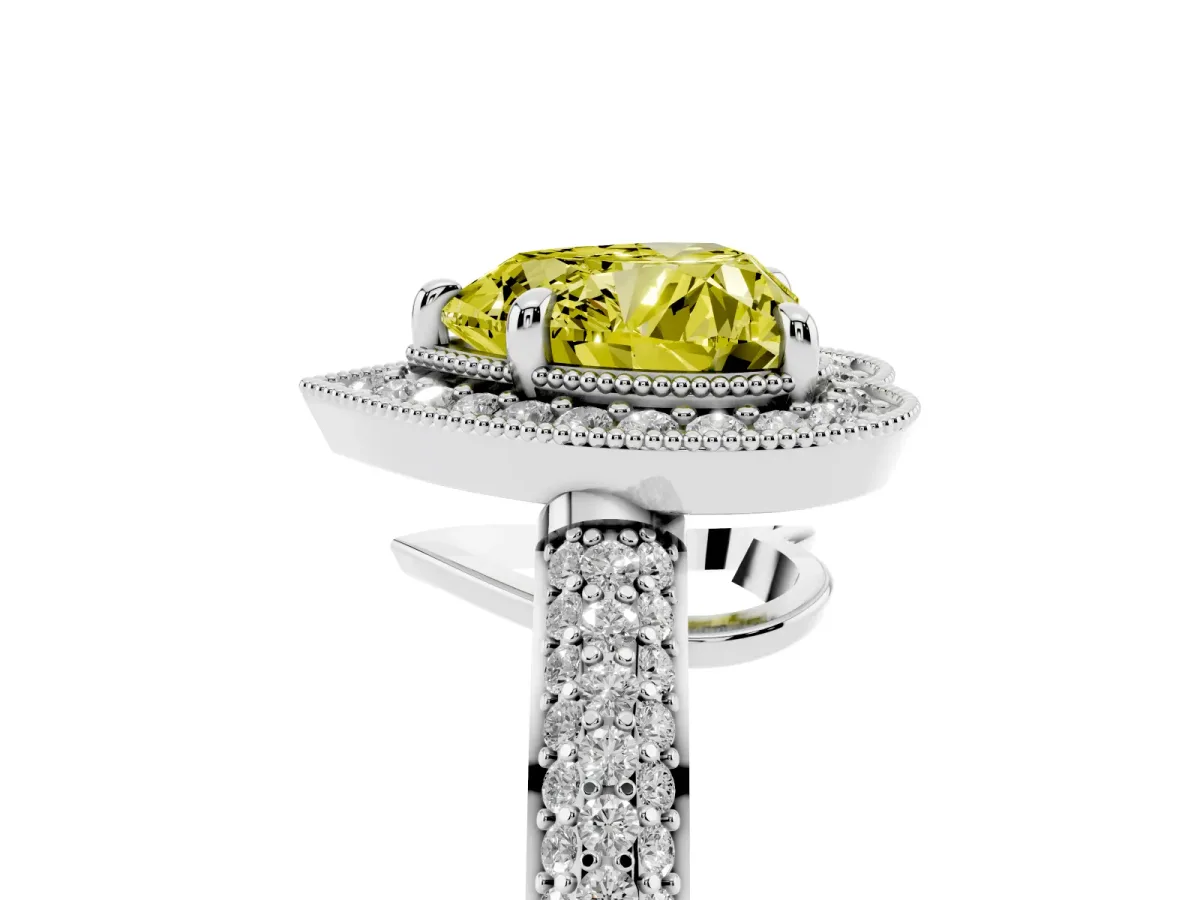 Fancy Yellow Heart Cut Cut Halo Diamond Pave Band with Four-Prong Setting Platinum