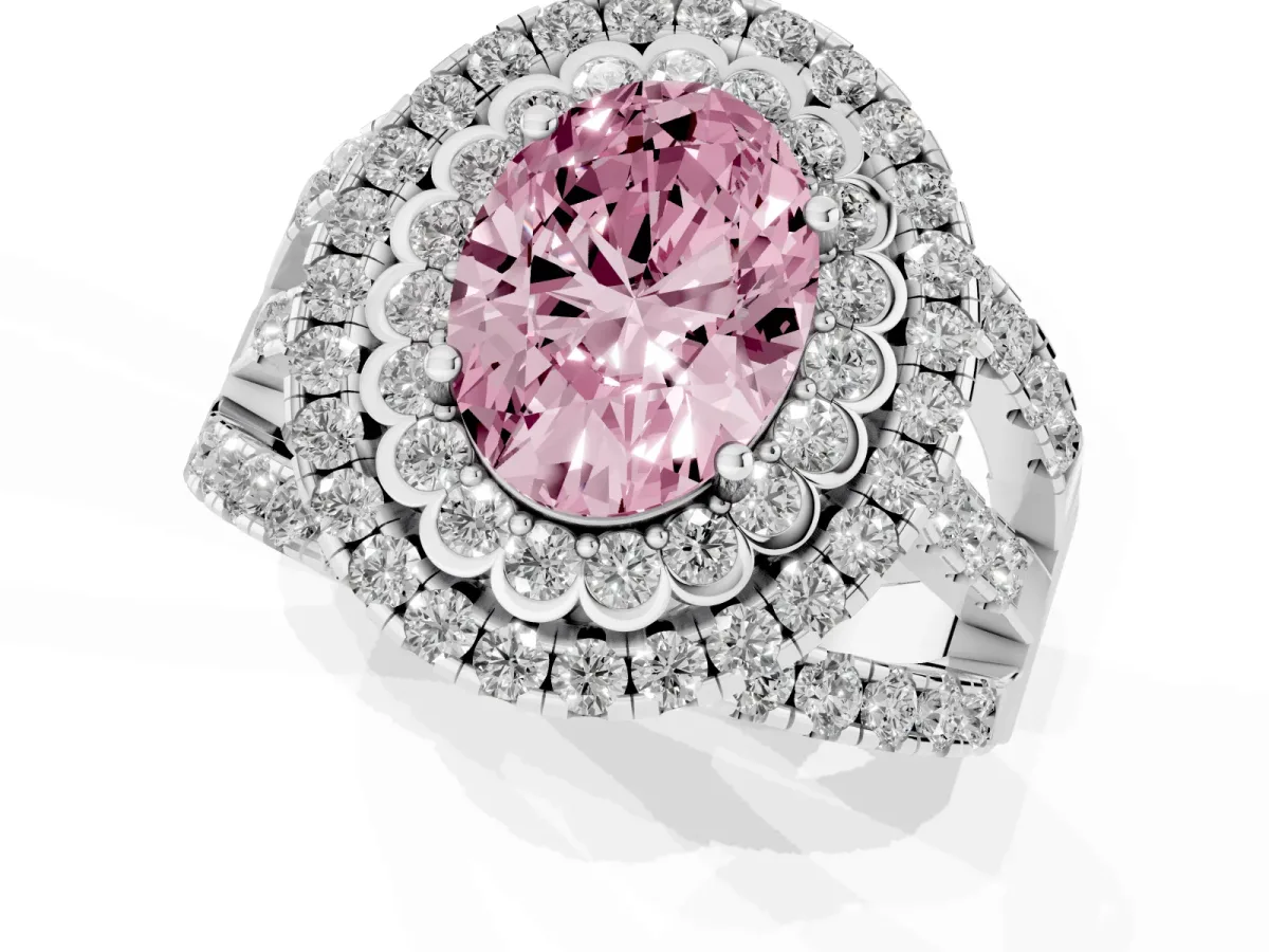 Fancy Pink Oval Cut Diamond Double Halo Ring with Round Pavé Split Shank and Prong Setting Silver