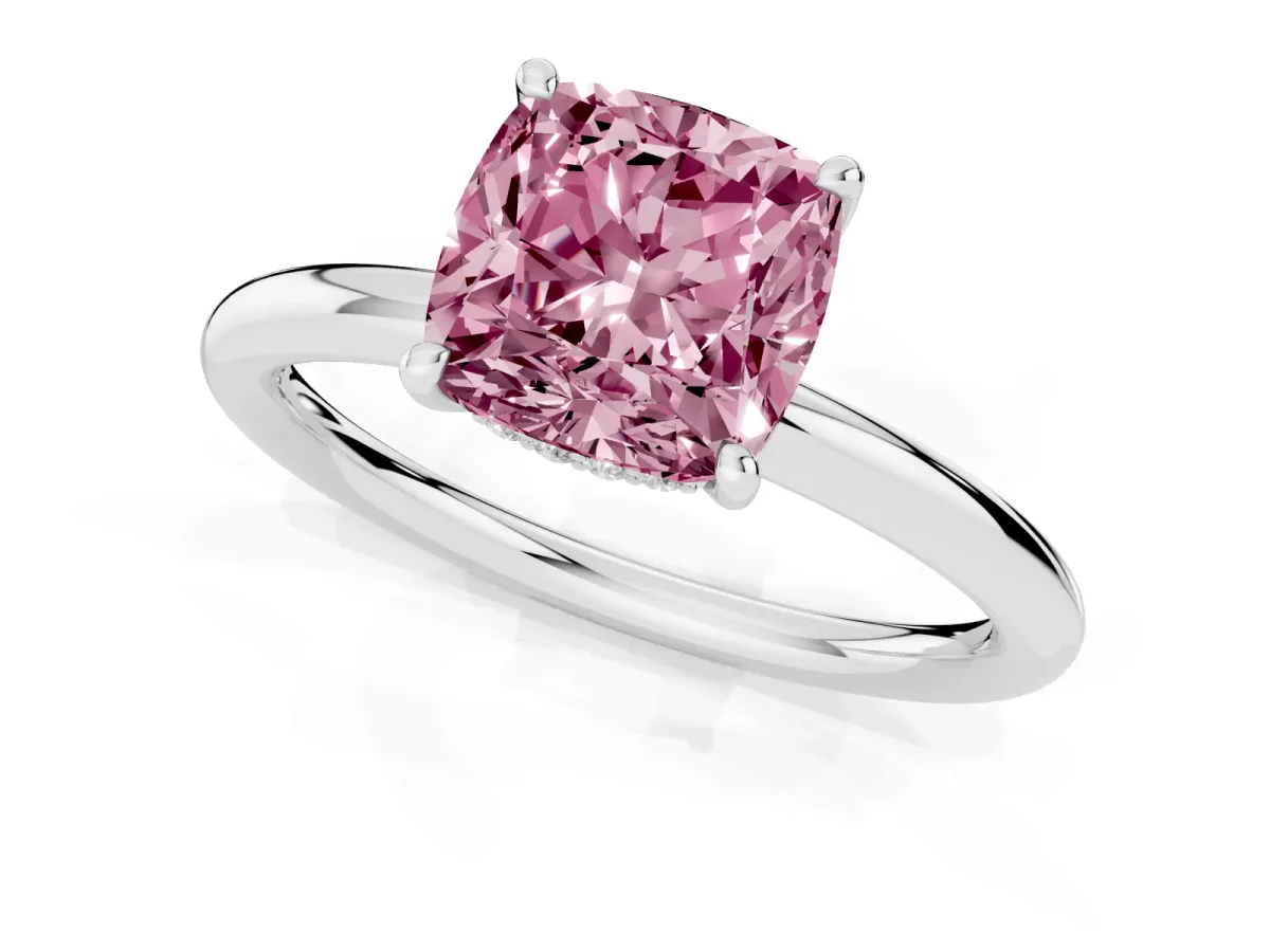 Fancy Pink Cushion Cut Diamond Solitaire Ring with Thin Band and Four-Prong Setting Platinum