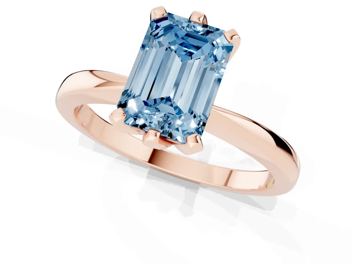 Fancy Blue Emerald Cut Solitaire Engagement Ring with Six-Prong Setting and Tapered Band Rose gold