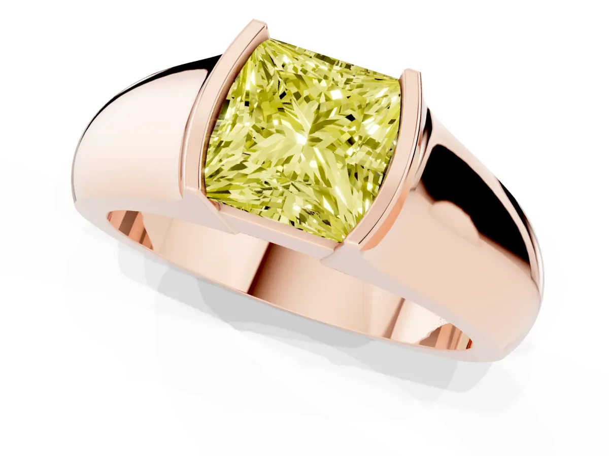 Fancy Yellow Princess Cut Solitaire Bezel Set Diamond Ring with Wide Band Rose gold