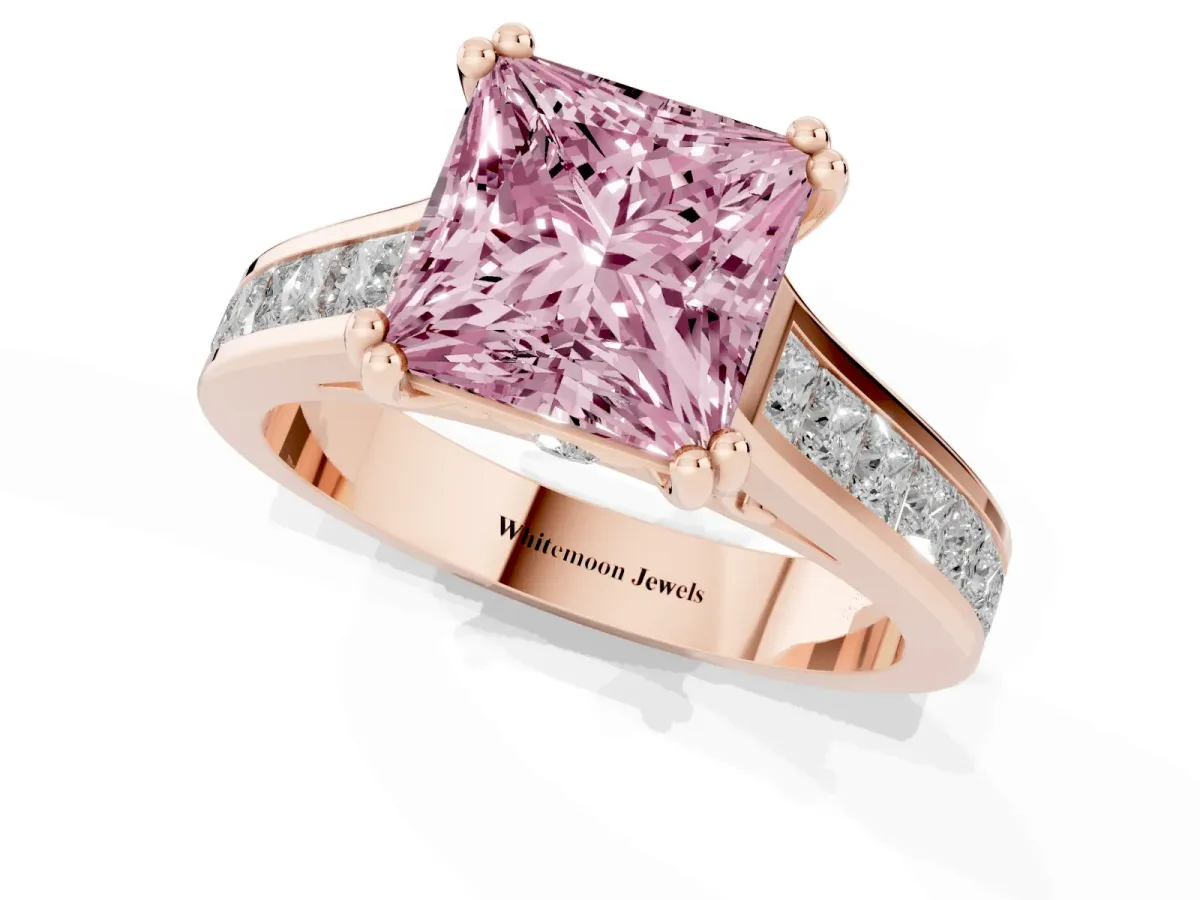 Fancy Pink Princess Cut Cut Channel Set Solitaire Engagement Ring with Prong Setting Rose gold