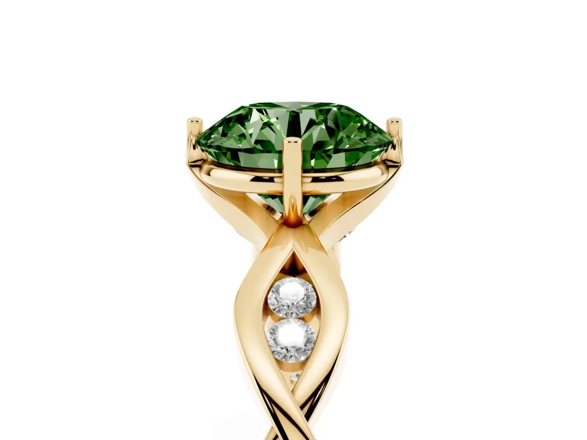Fancy Green Round Cut Solitaire Twist Band with Leaf Prong Setting Yellow gold