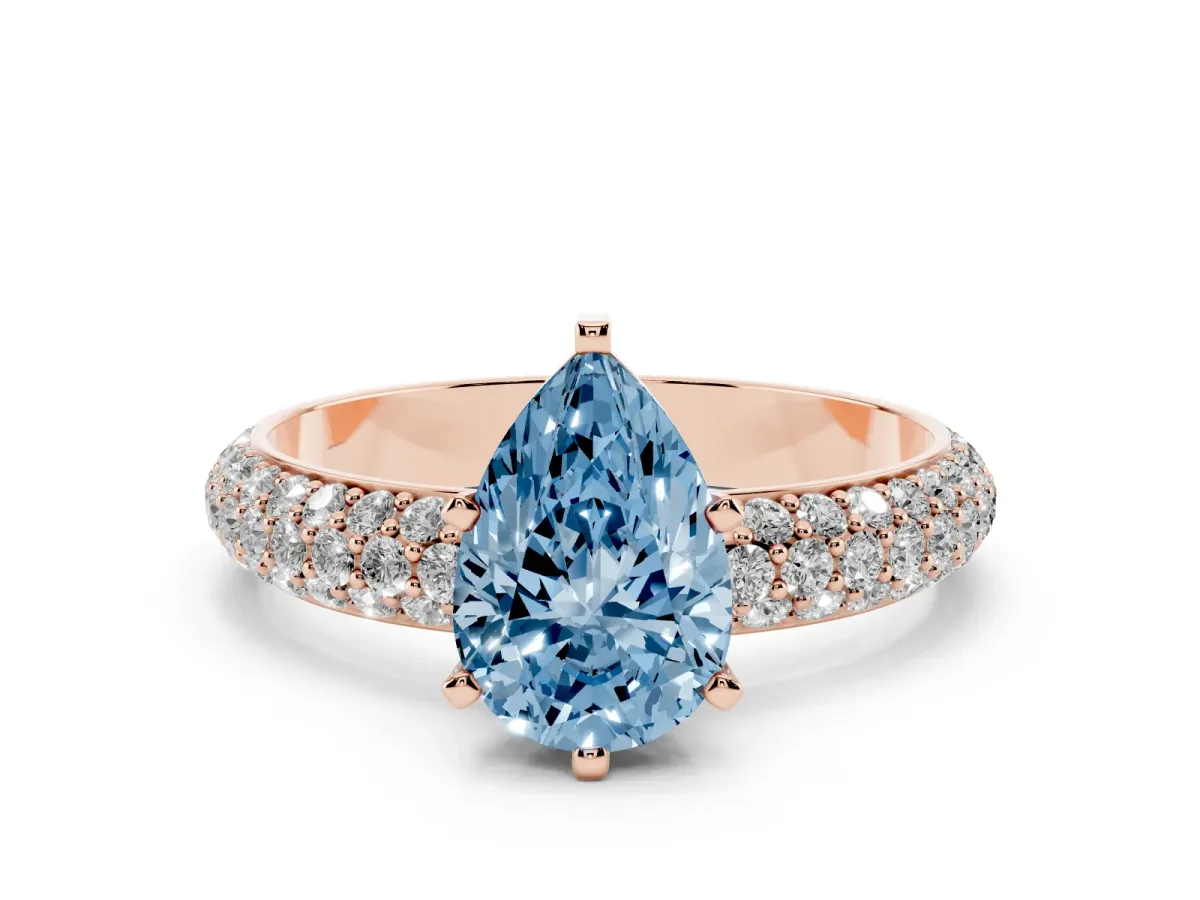 Fancy Blue Pear Cut Diamond Solitaire Ring with Prong Setting and Pavé Band Rose gold