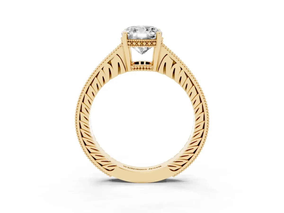 Cushion Cut Solitaire Pavé Diamond Milgrain Engagement Ring with Four-Prong Setting Yellow gold