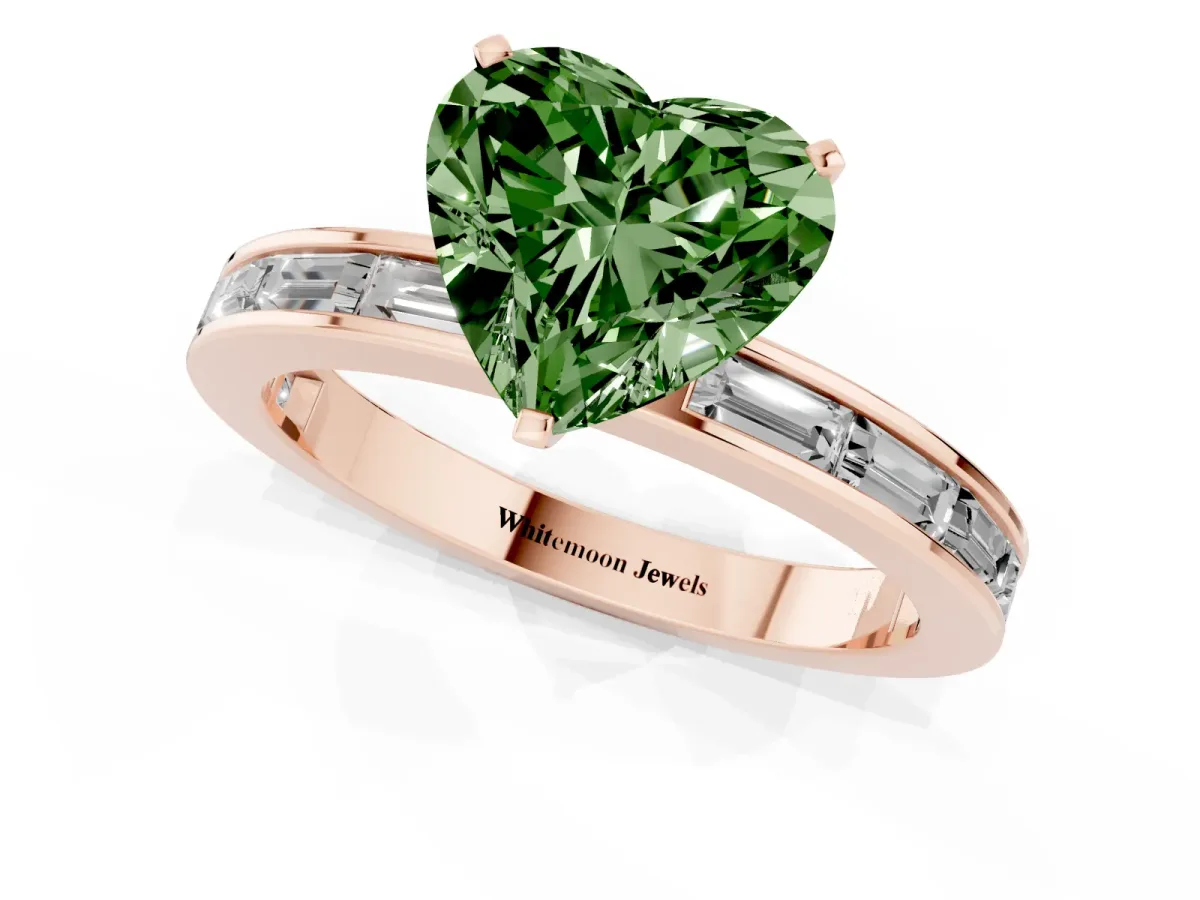 Fancy Green Heart Cut Solitaire Diamond Ring with Channel-Set Baguette Band and Four-Prong Setting Rose gold