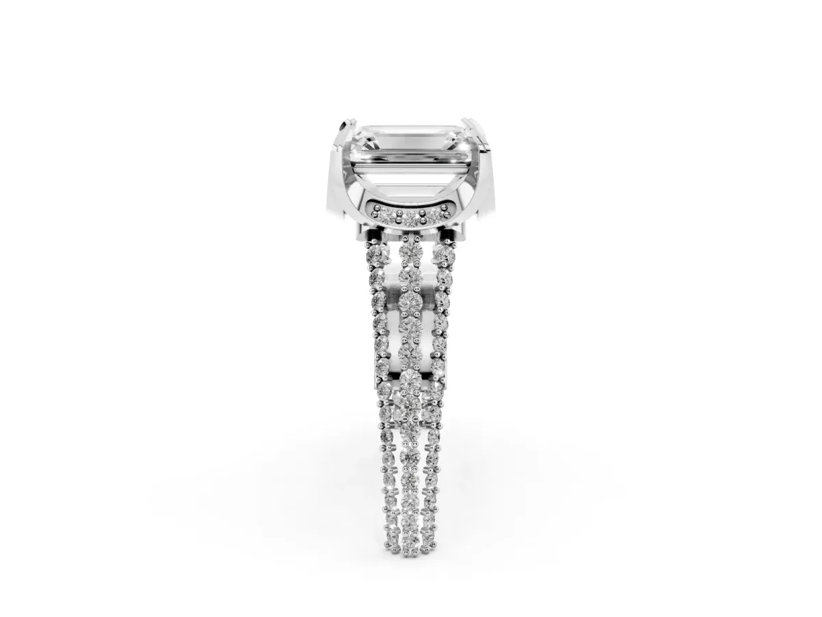 Emerald Cut Solitaire Pave Split Shank Ring with Four-Prong Setting Silver