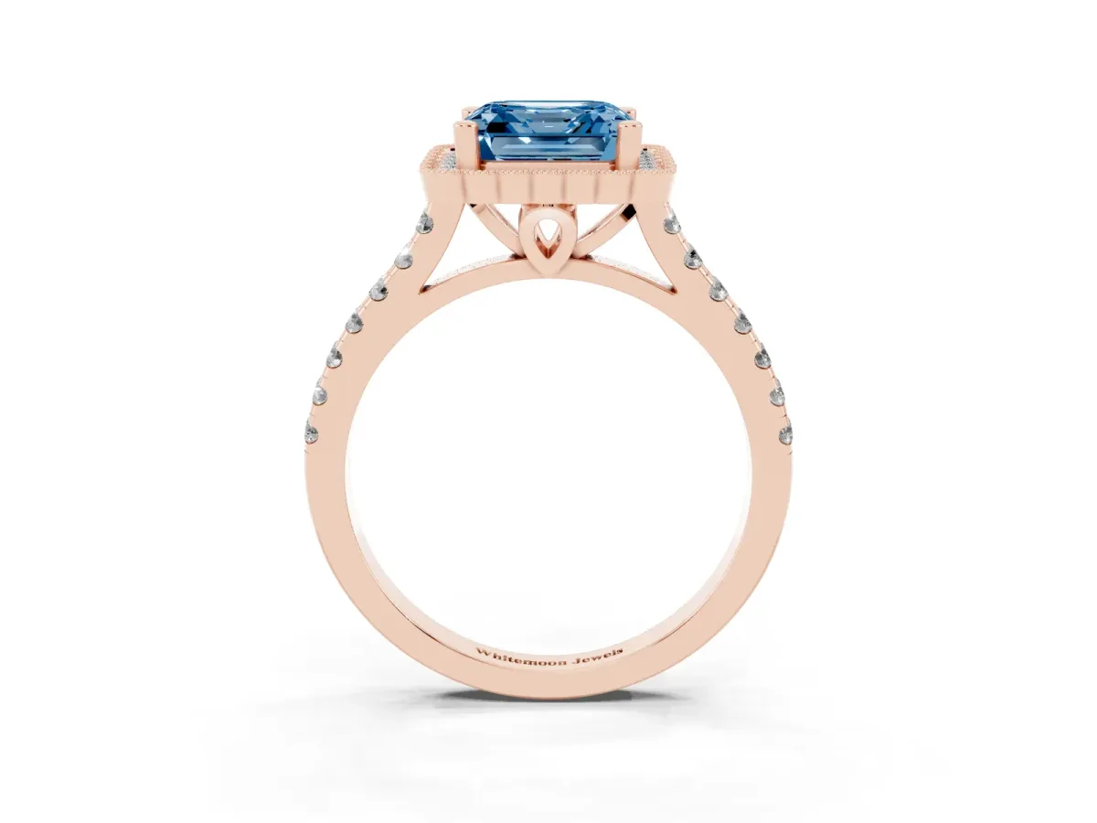 Fancy Blue Asscher Cut Cut Diamond Milgrain Floral Halo Engagement Ring with Pavé Band Rose gold