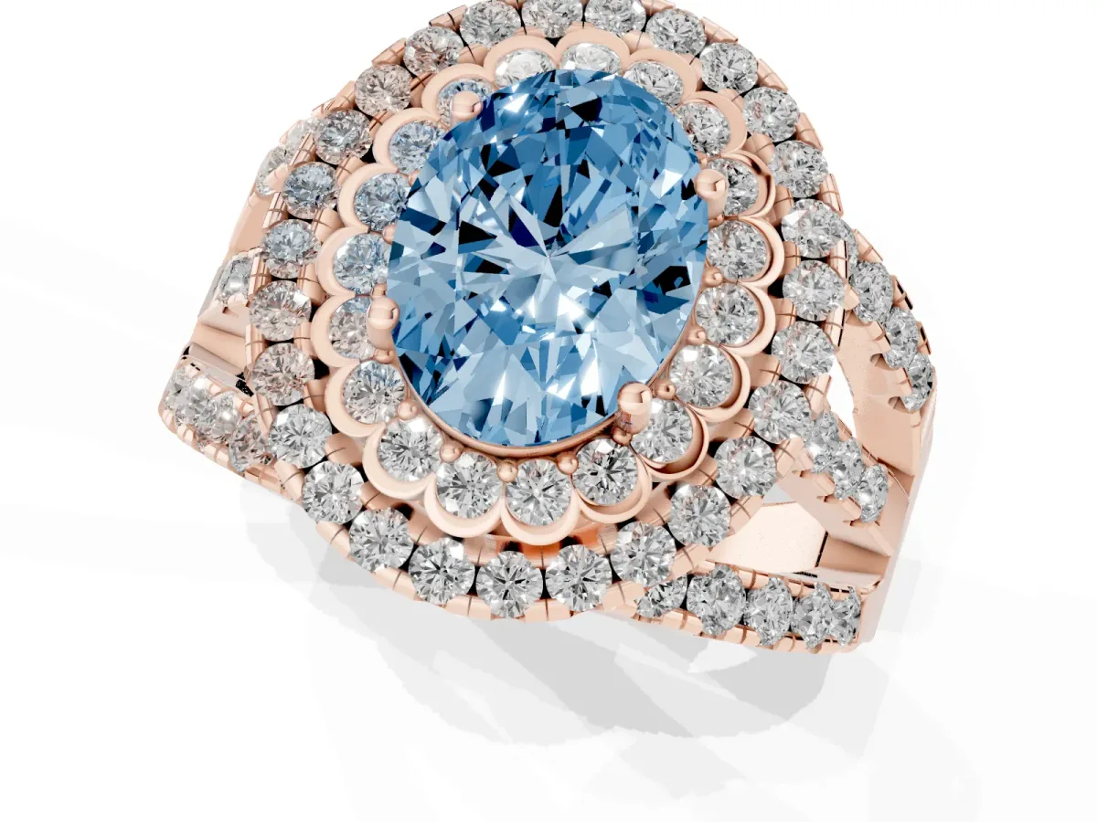 Fancy Blue Oval Cut Diamond Double Halo Ring with Round Pavé Split Shank and Prong Setting Rose gold