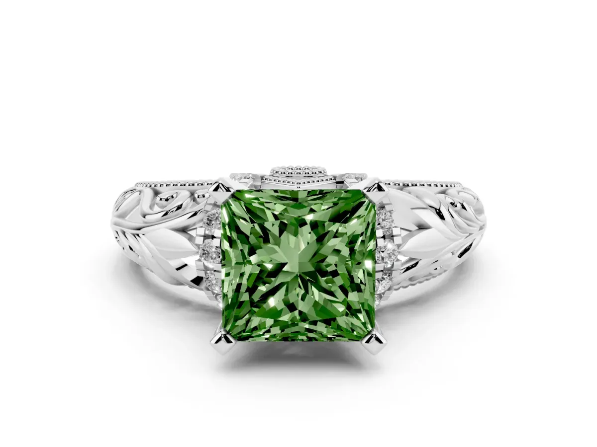 Fancy Green Princess Cut Solitaire Filigree Engagement Ring with Halo and Prong Setting Silver